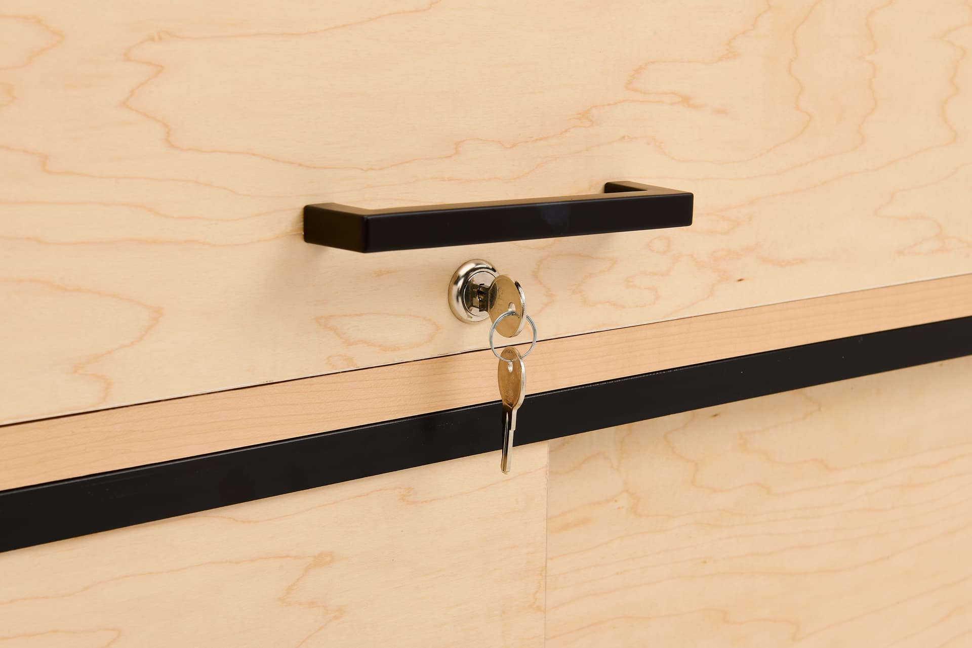 Wooden display counter with two locks and two sets of keys