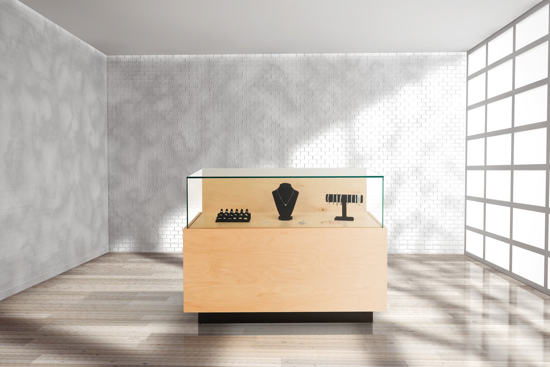 Wooden display counter with minimalist design