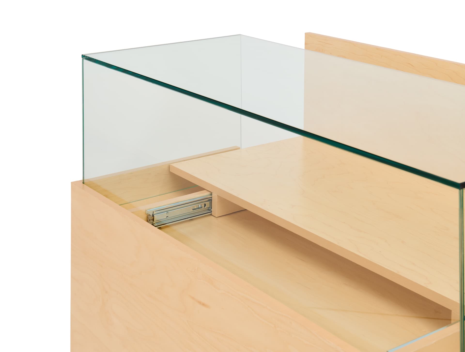 Wooden display counter with telescopic rail system