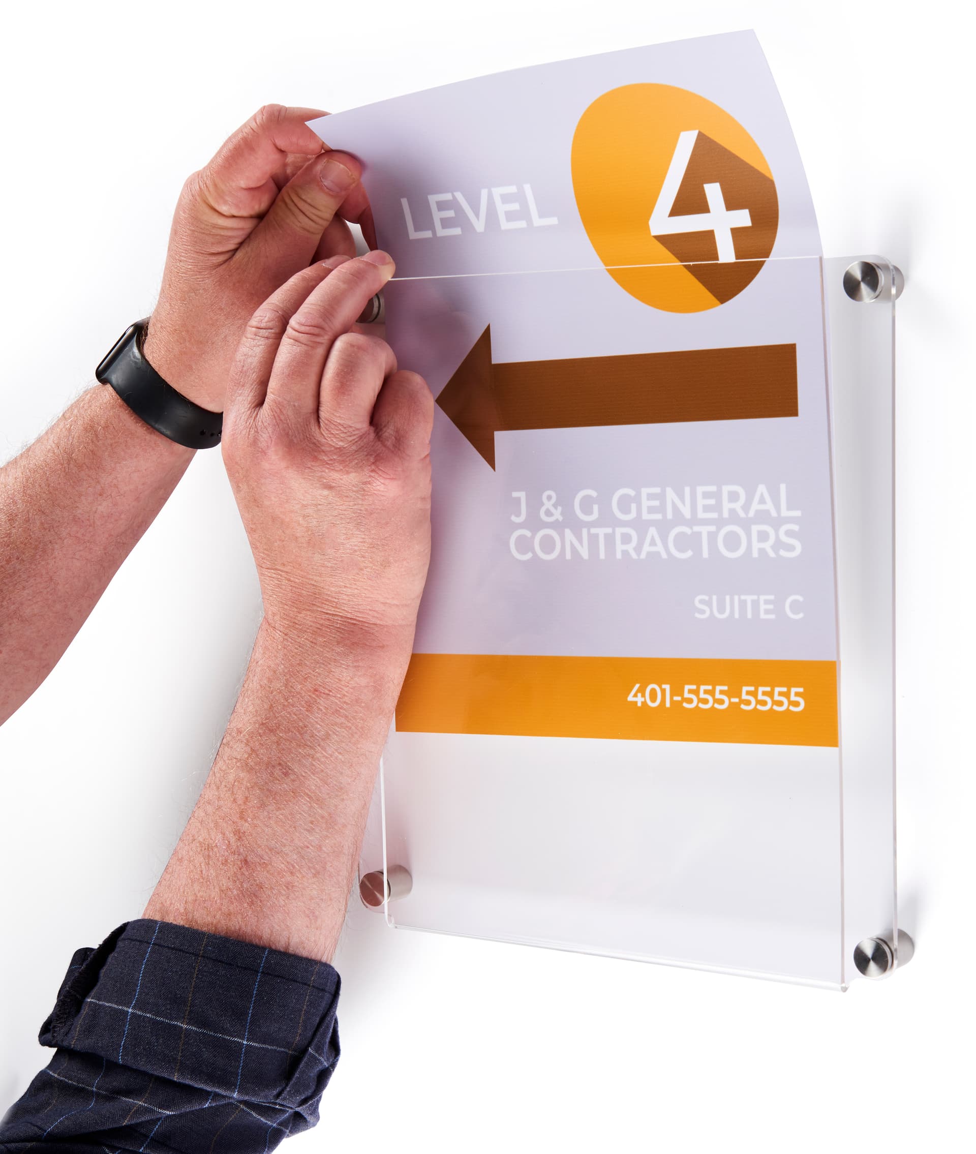 Acrylic wall mount sign holder with standoffs and top-loading design 