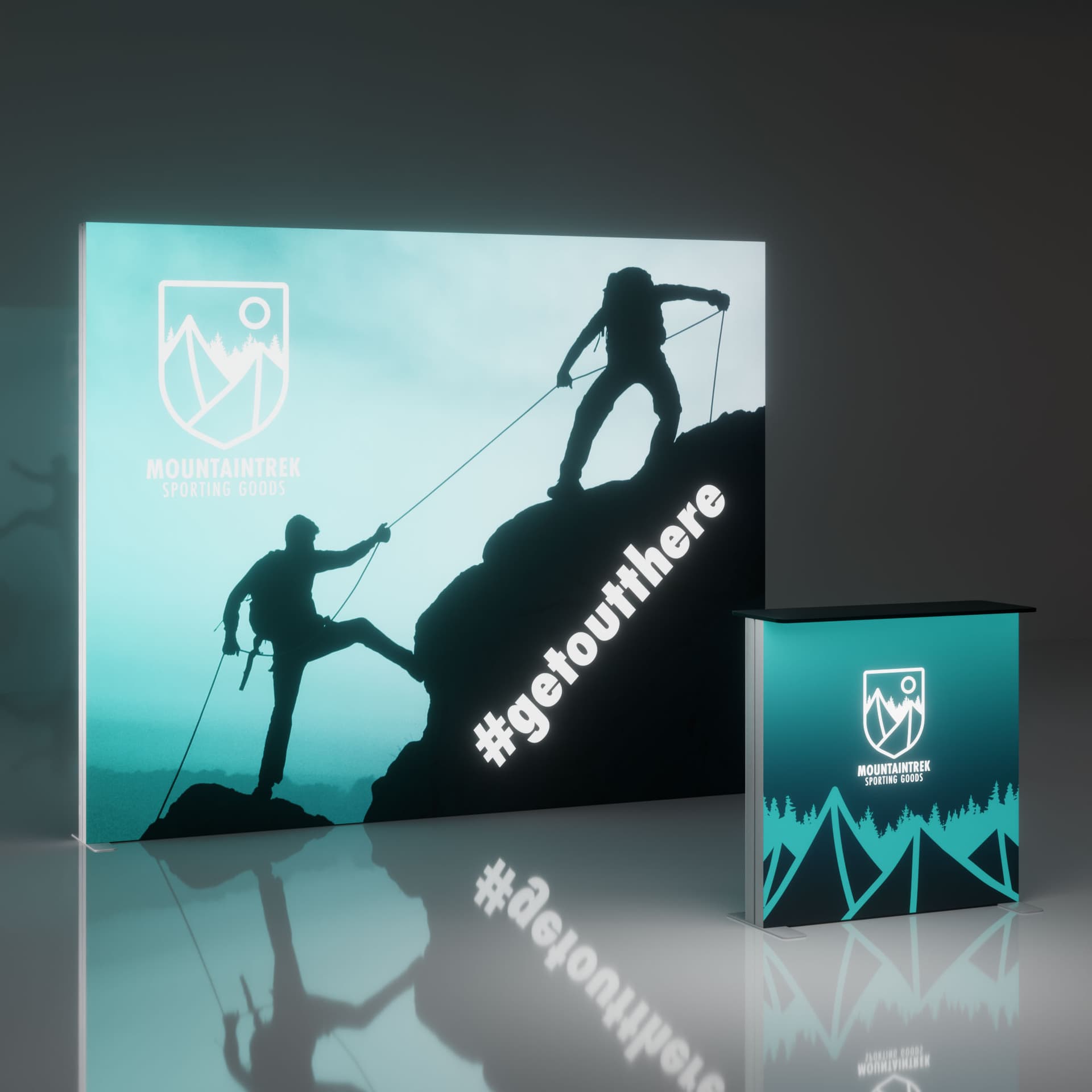 10' backlit trade show display with counter in a dark room showing illumination