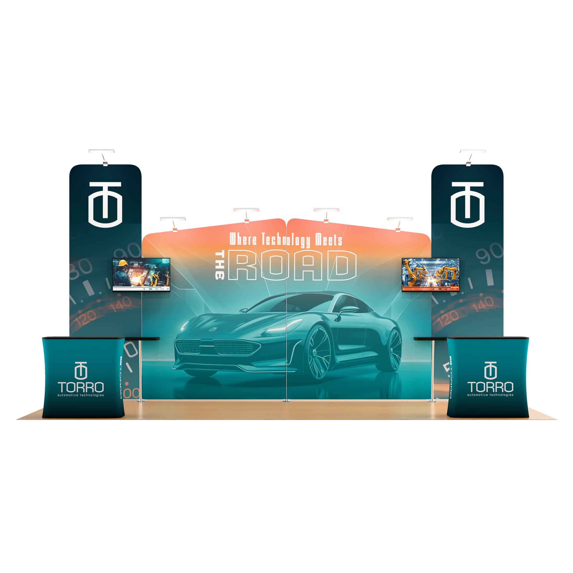 Trade show multimedia display kit with 2 standing shelves 
