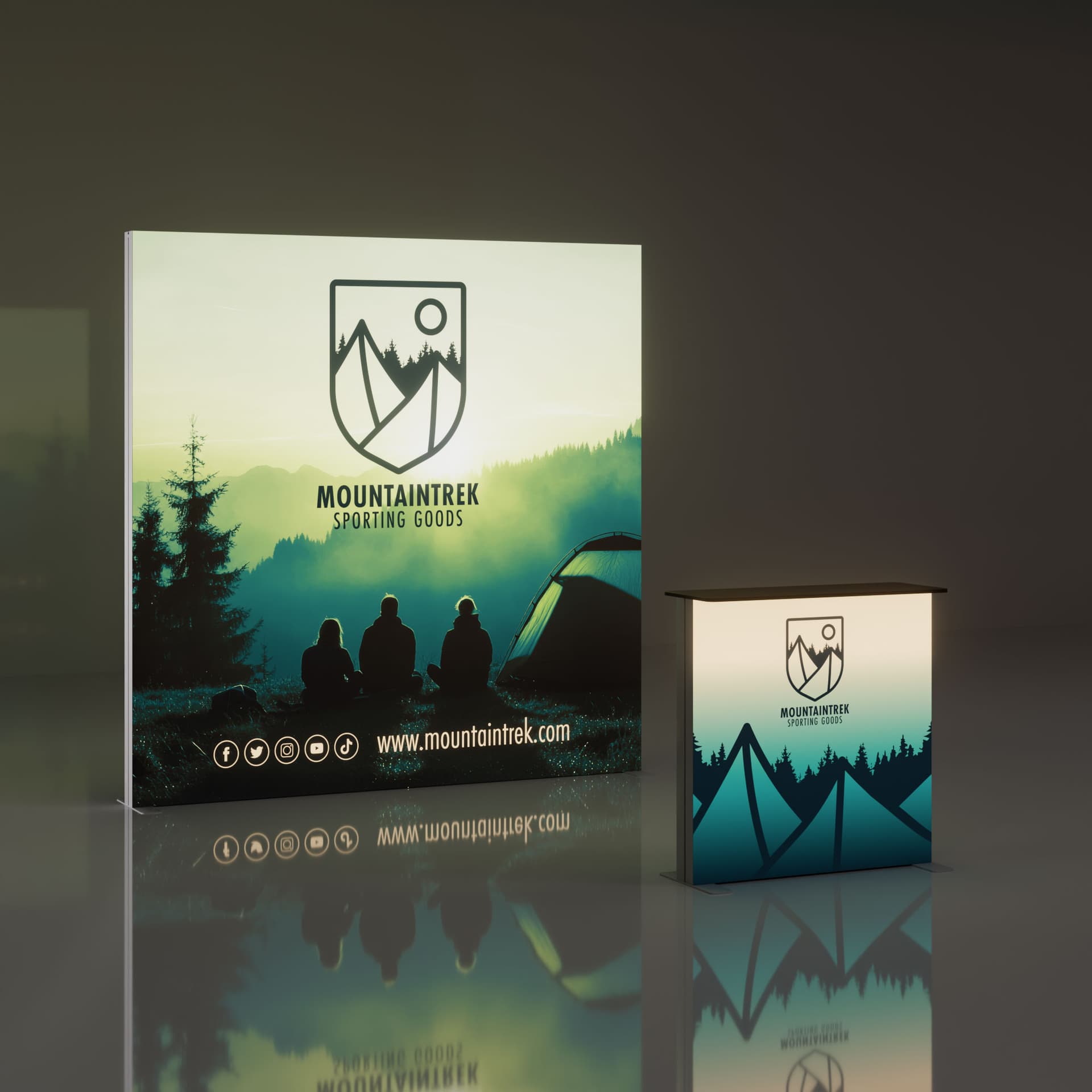 8' illuminated trade show lightbox display in a dark room