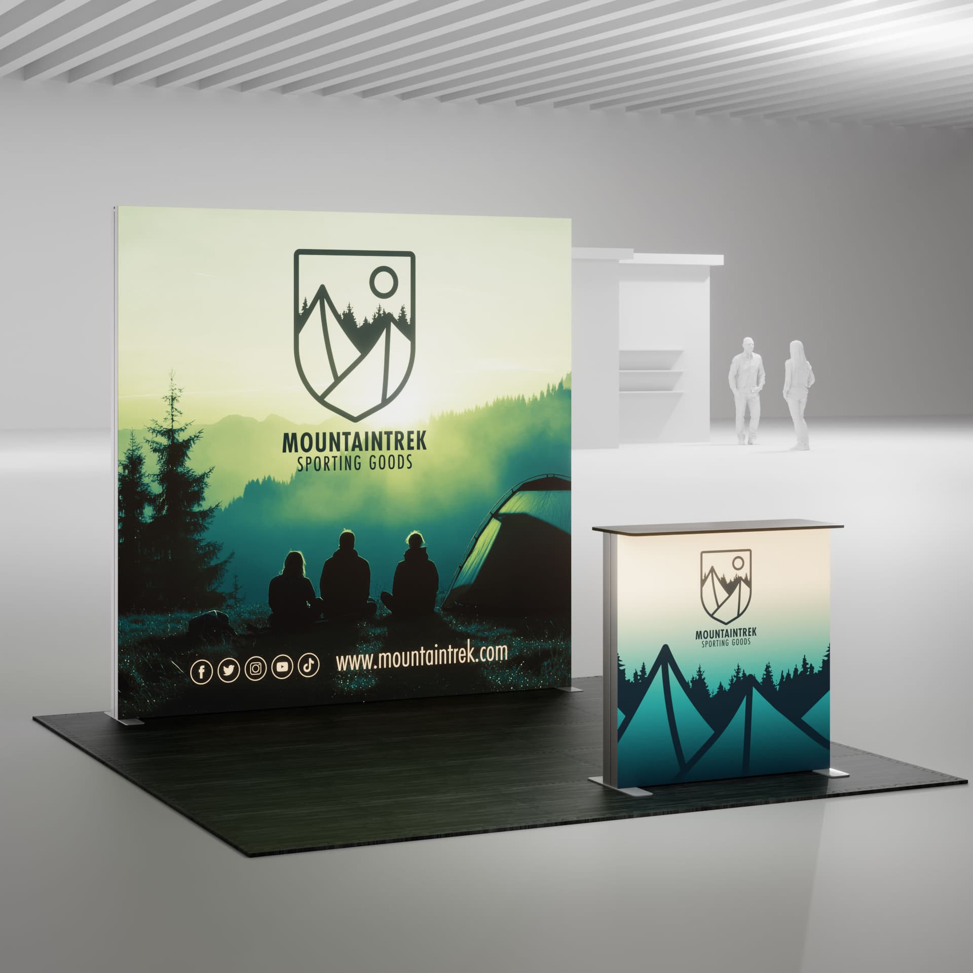 8' illuminated trade show lightbox display in a room with a trade show floor