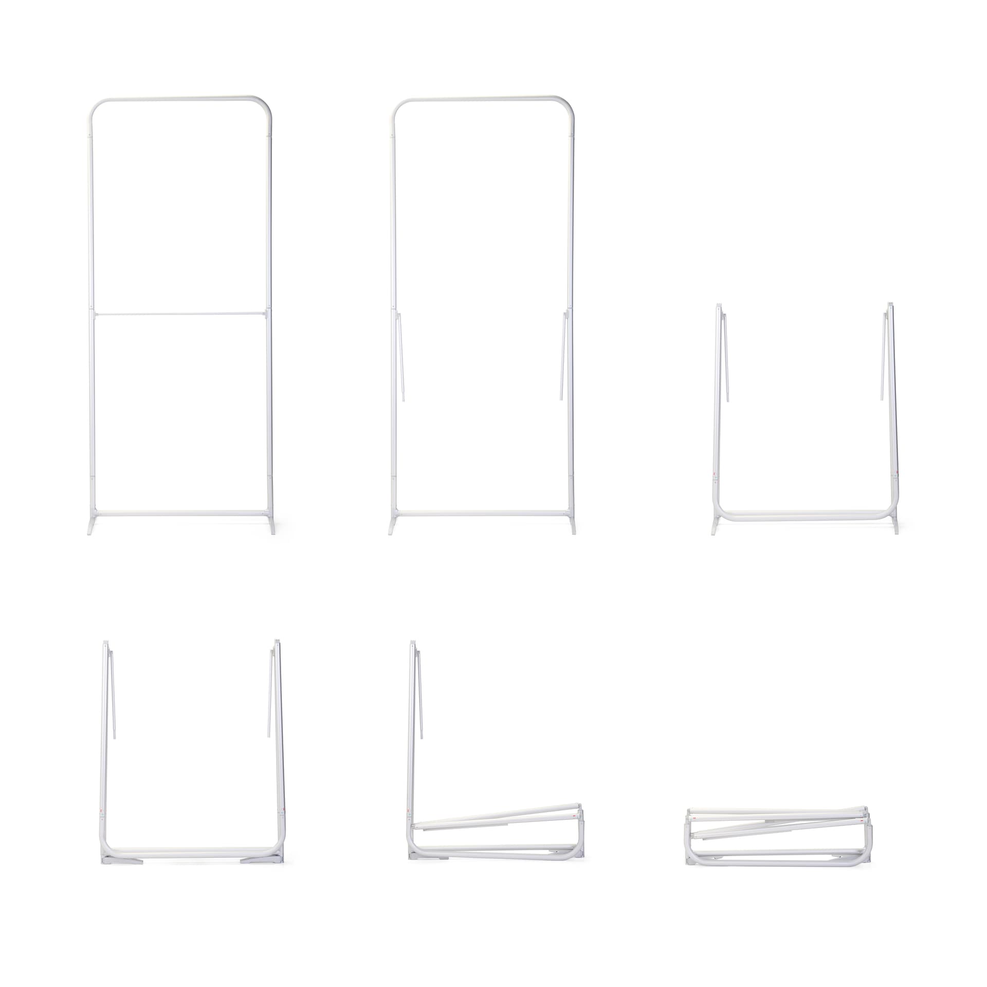 Foldable Tension Fabric Display being shown in the stages from standing assembled to being folded for compact storage