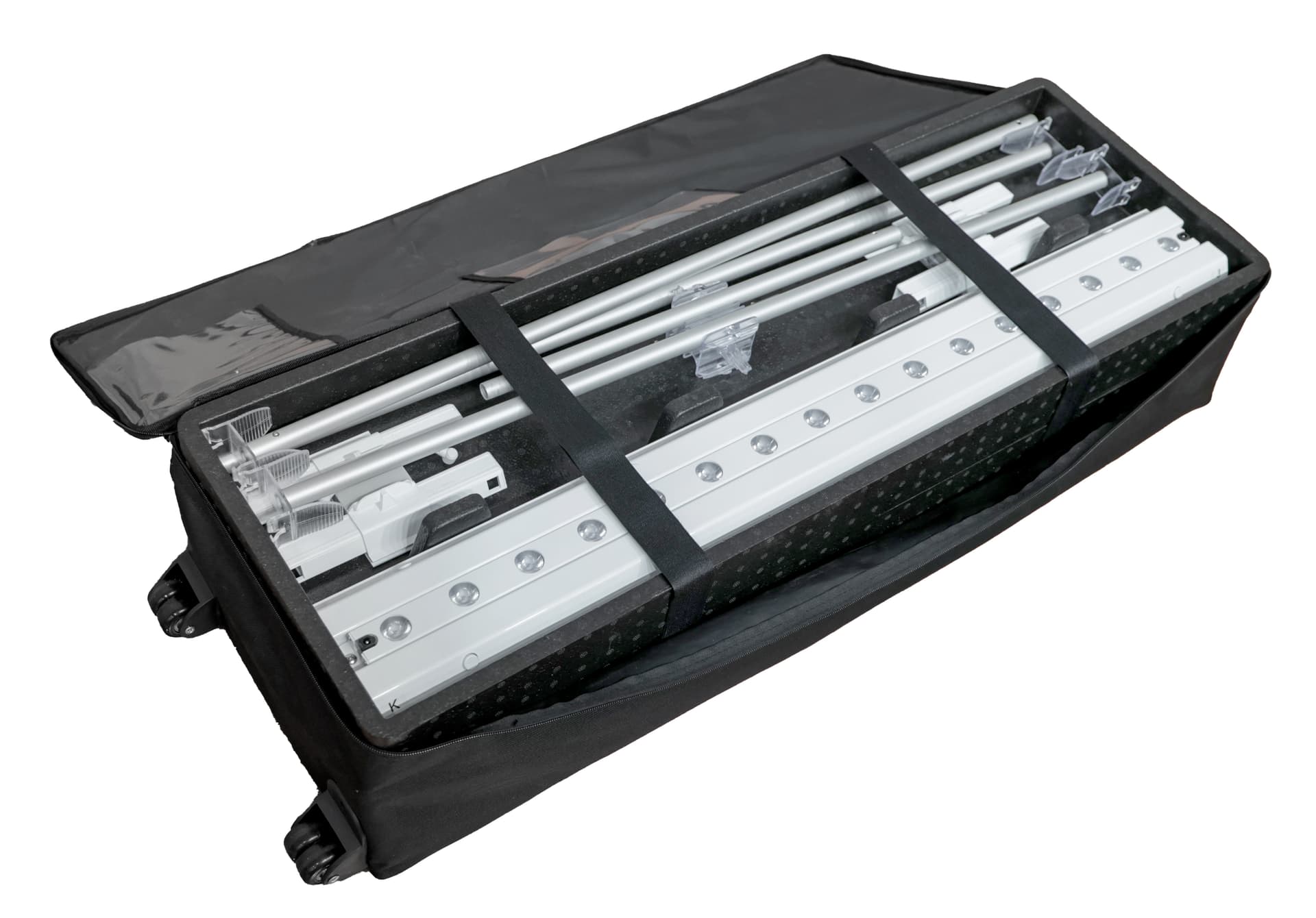 8' illuminated trade show lightbox display packed neatly into carrying bag with wheels