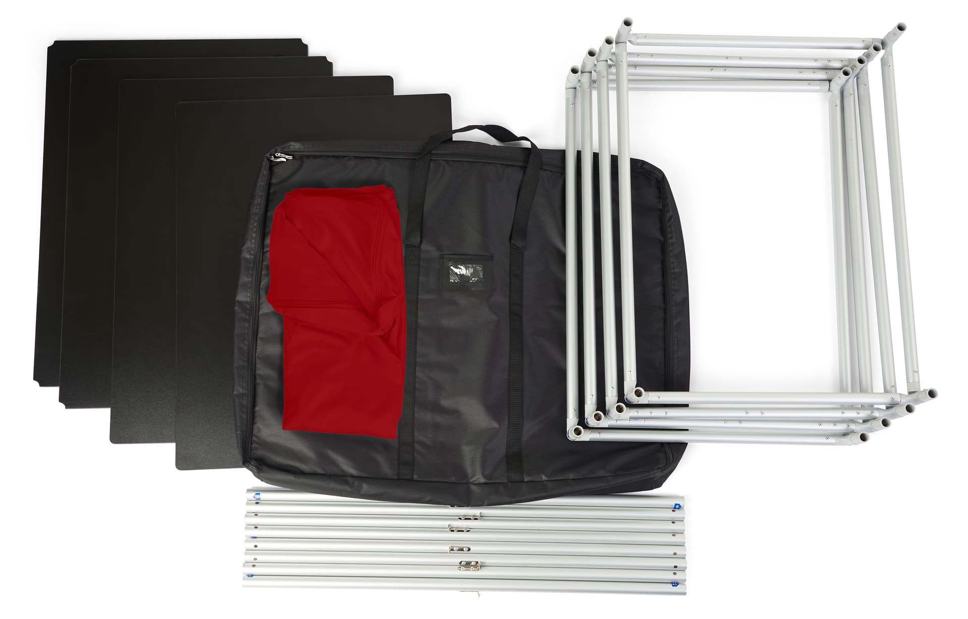 Fabric pop up counters include all necessary hardware 
