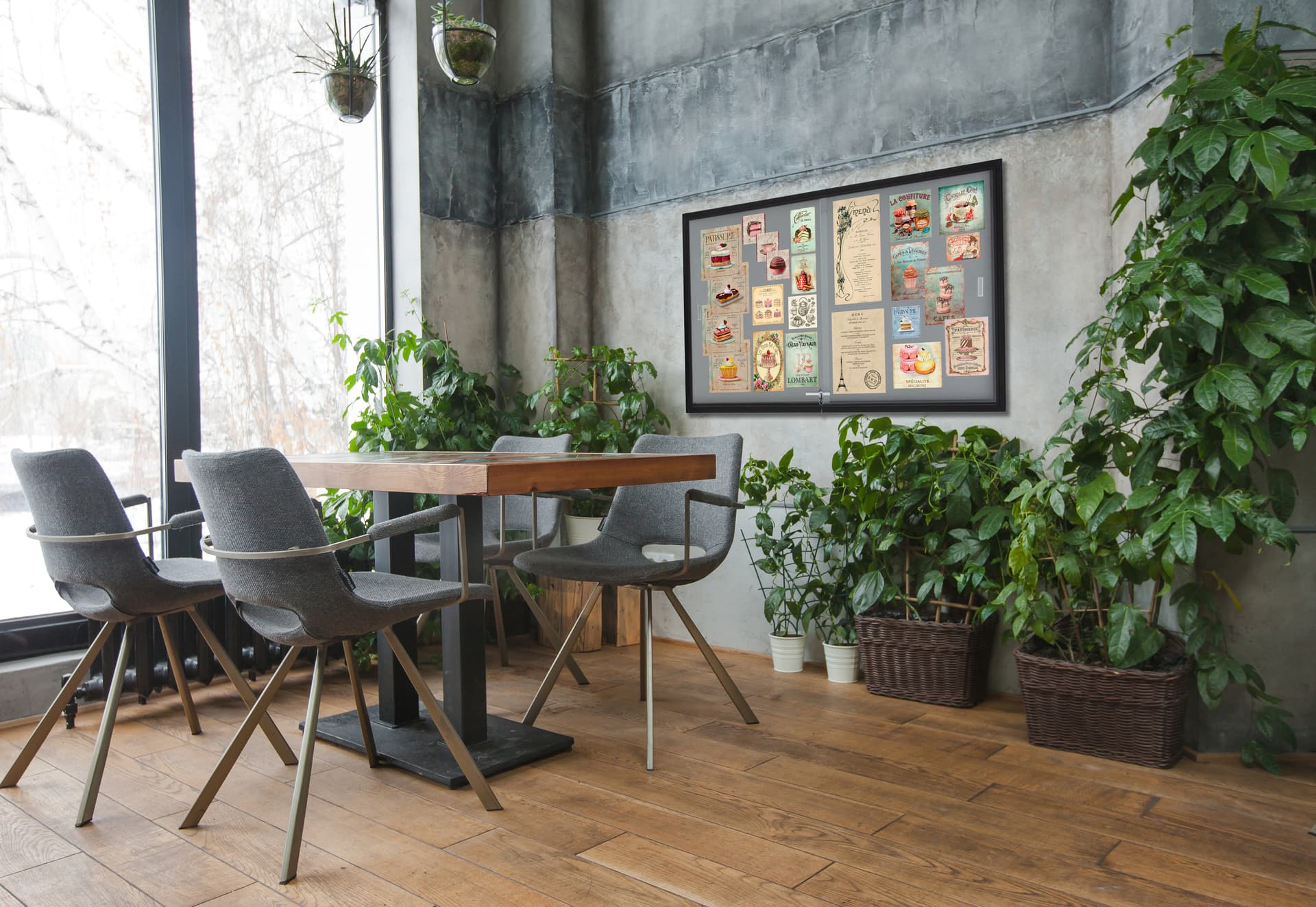 Glass enclosed notice board with aluminum frame and large display area for menus and pictures