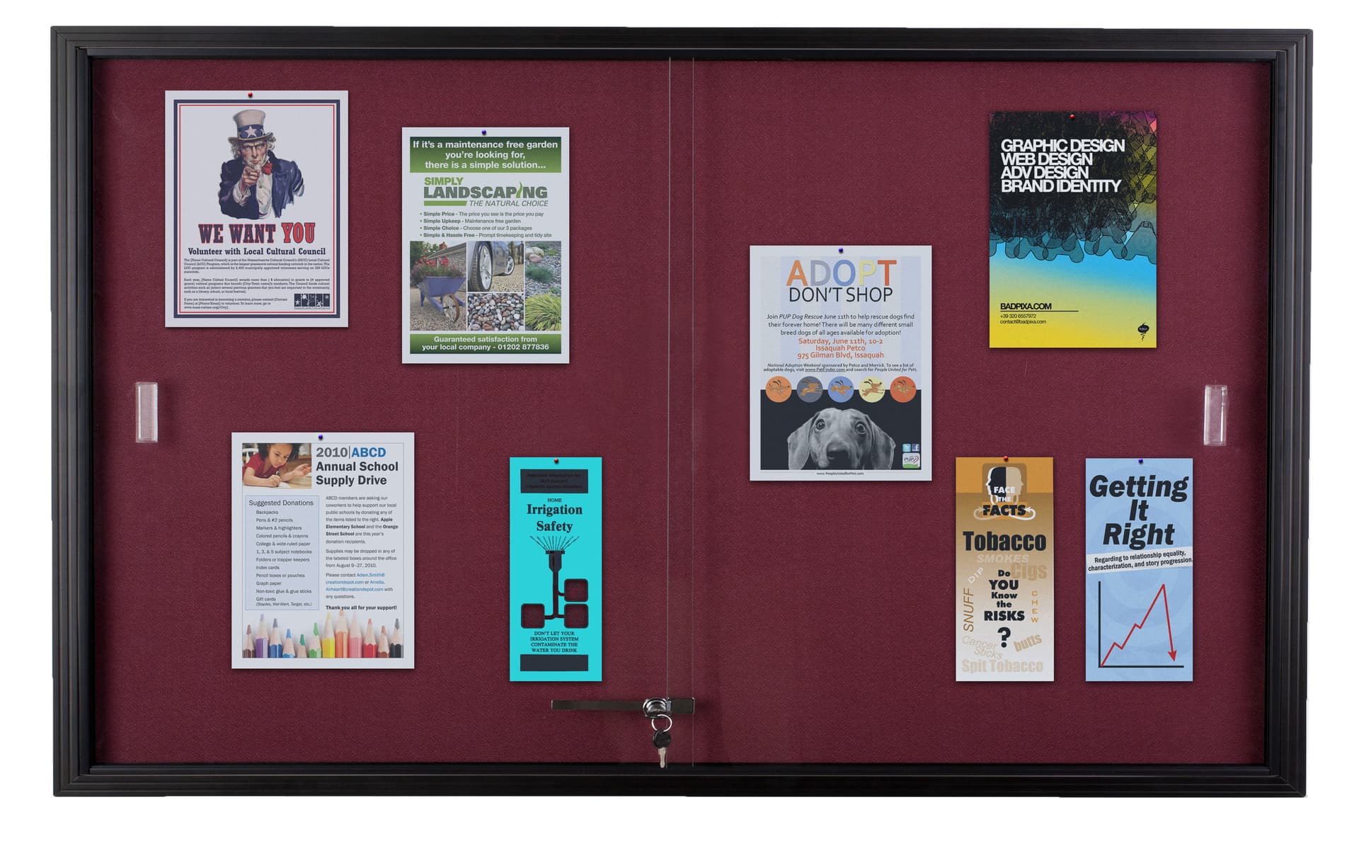 Maroon Fabric Tack Board with Sliding Glass Doors