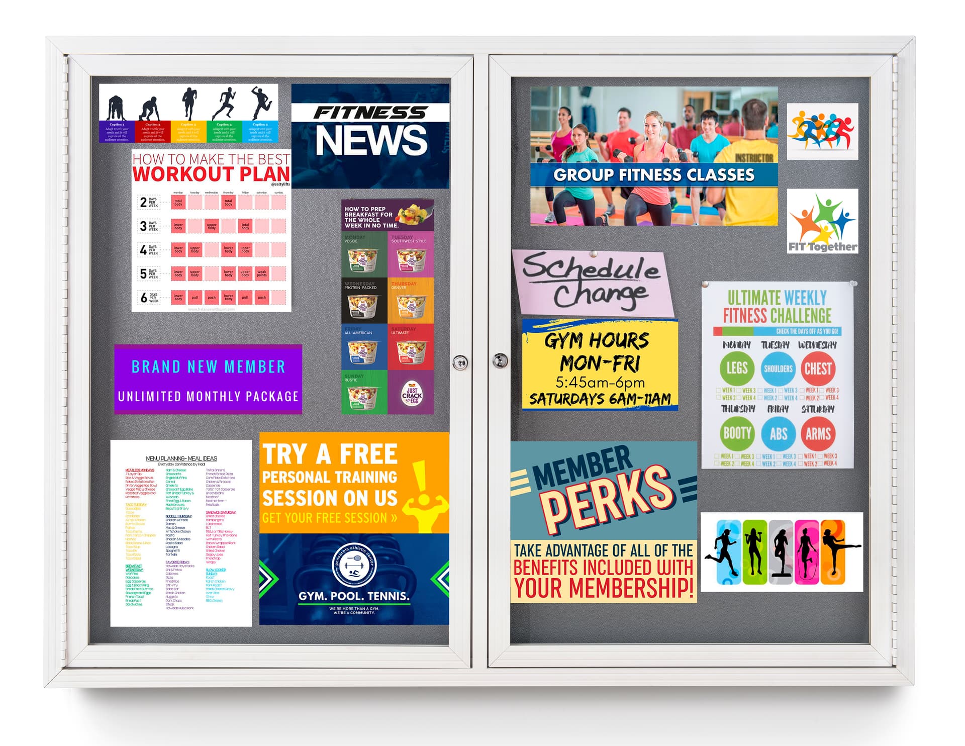 Indoor enclosed bulletin board cabinet with lockable swing doors