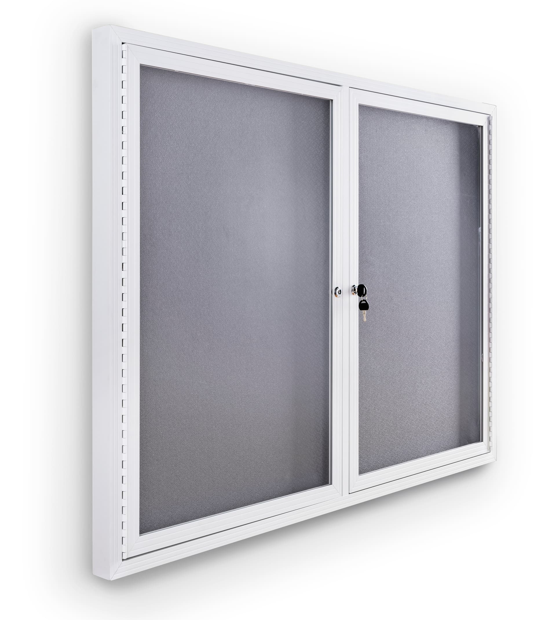 Indoor enclosed bulletin board cabinet with white frame and gray interior