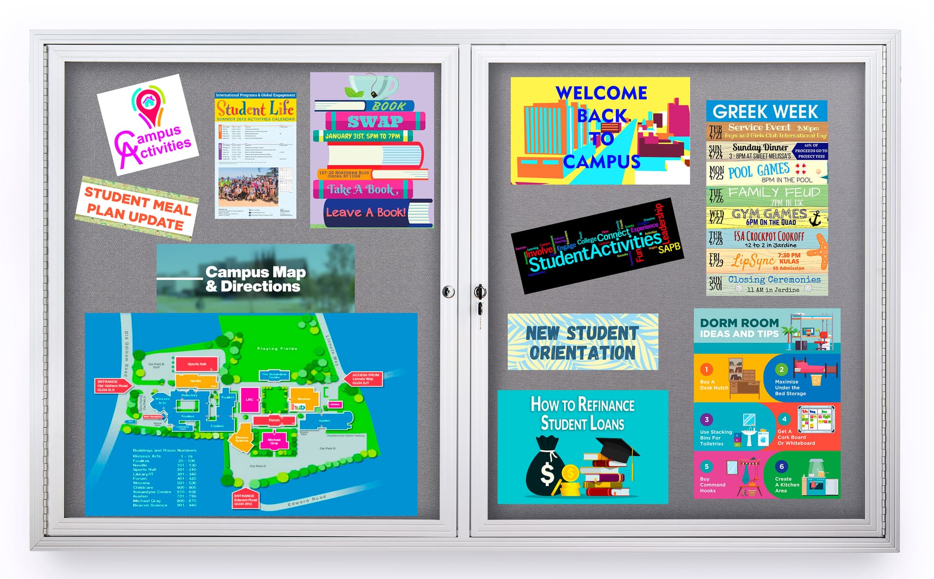 Enclosed polycarbonate bulletin board with large surface area