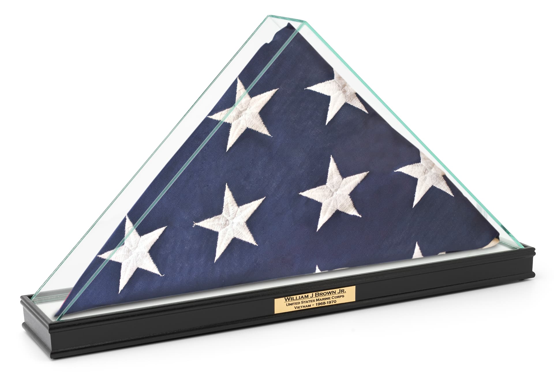 Personalized plaque flag display with 5' x 9.5' folded banner inside 