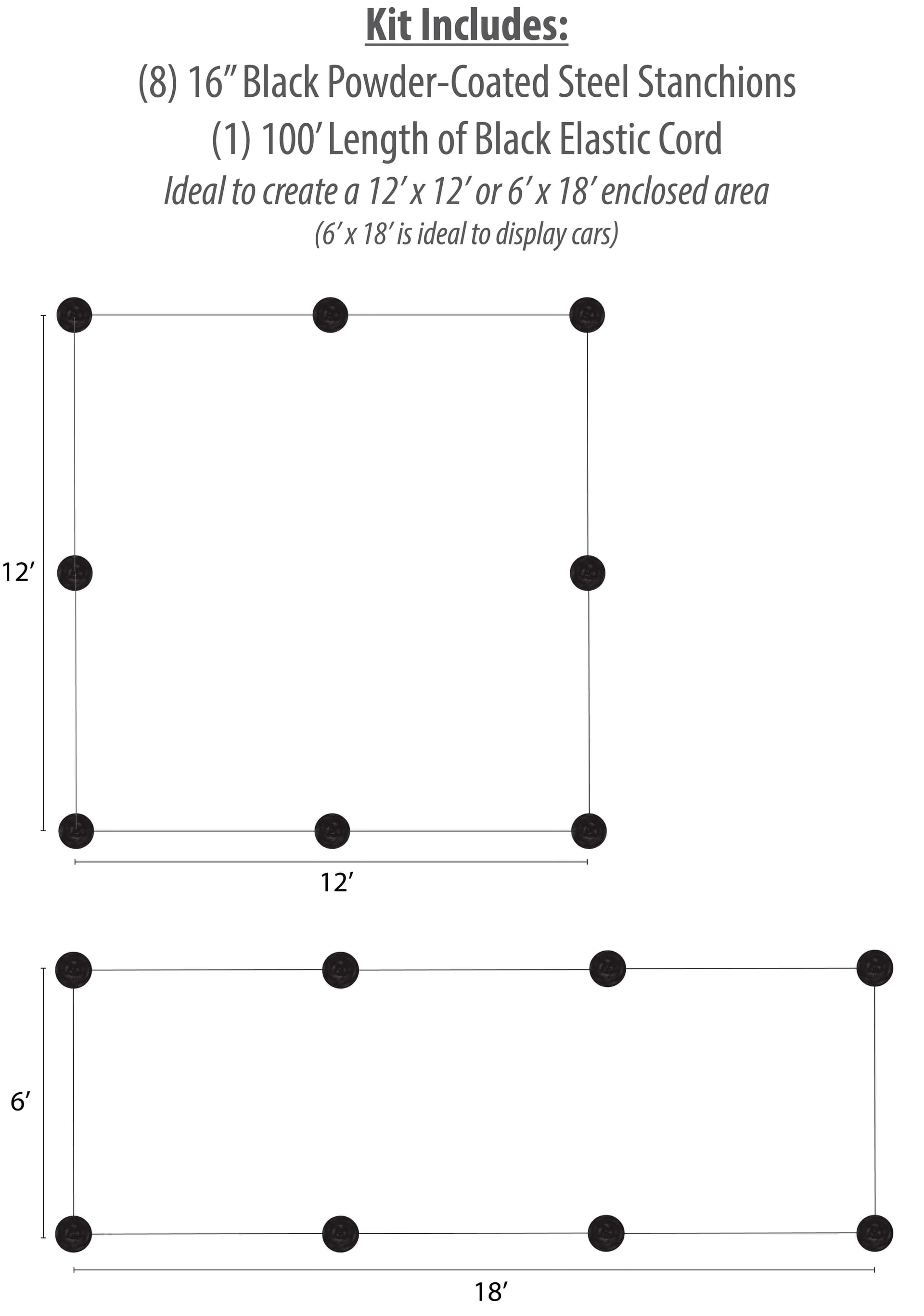 8-Barrier Black Low Profile Stanchion System for 12' x 12' Barricades