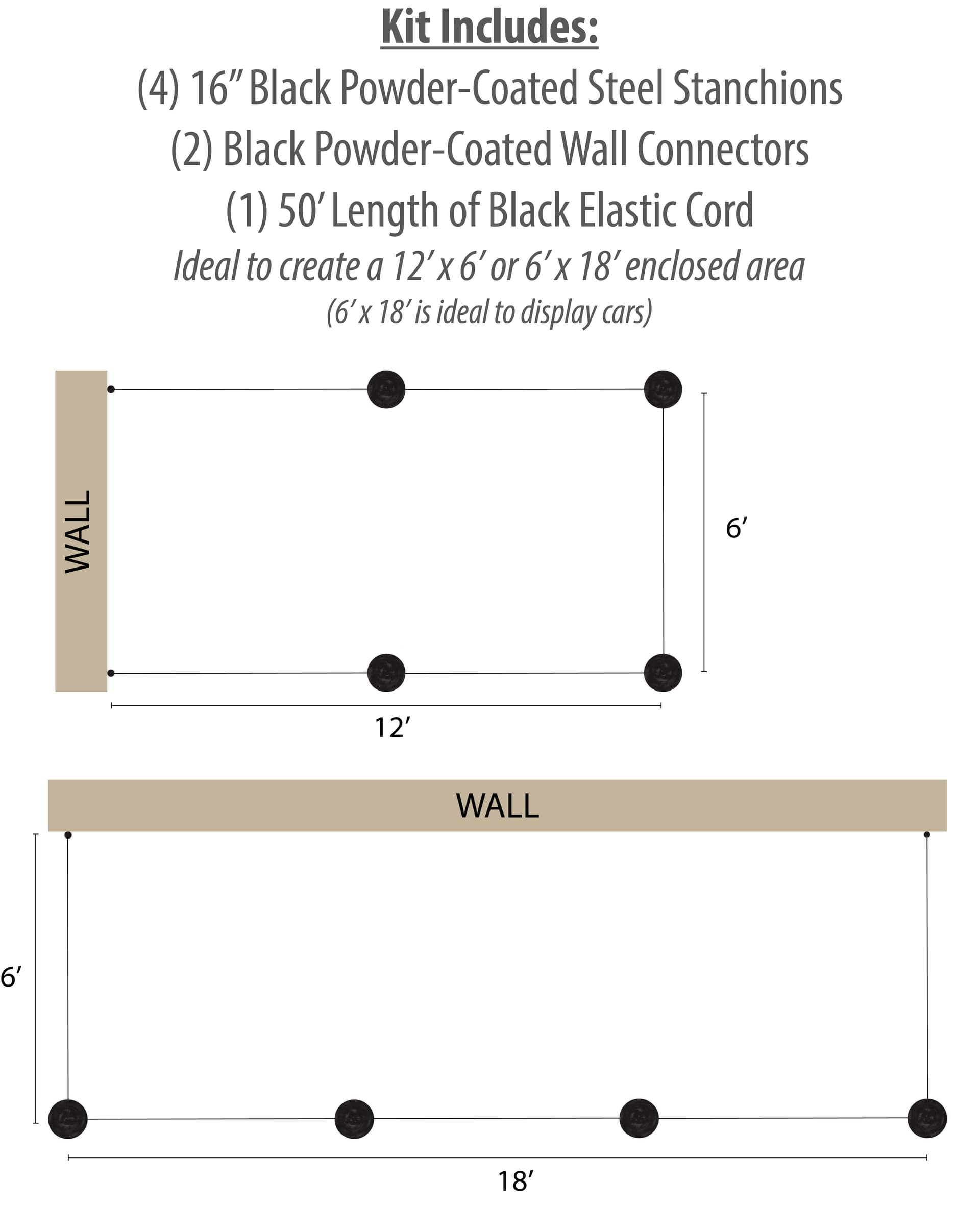 2 Wall Receptors Included with 4-Post Low Profile Stanchion Barrier System