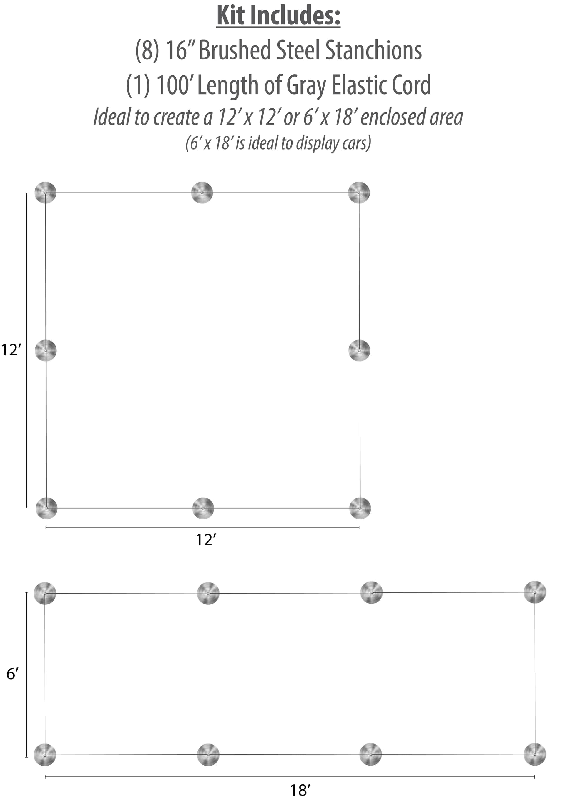 8-Barrier Silver Low Profile Stanchion Set for 12' x 12' Barricades