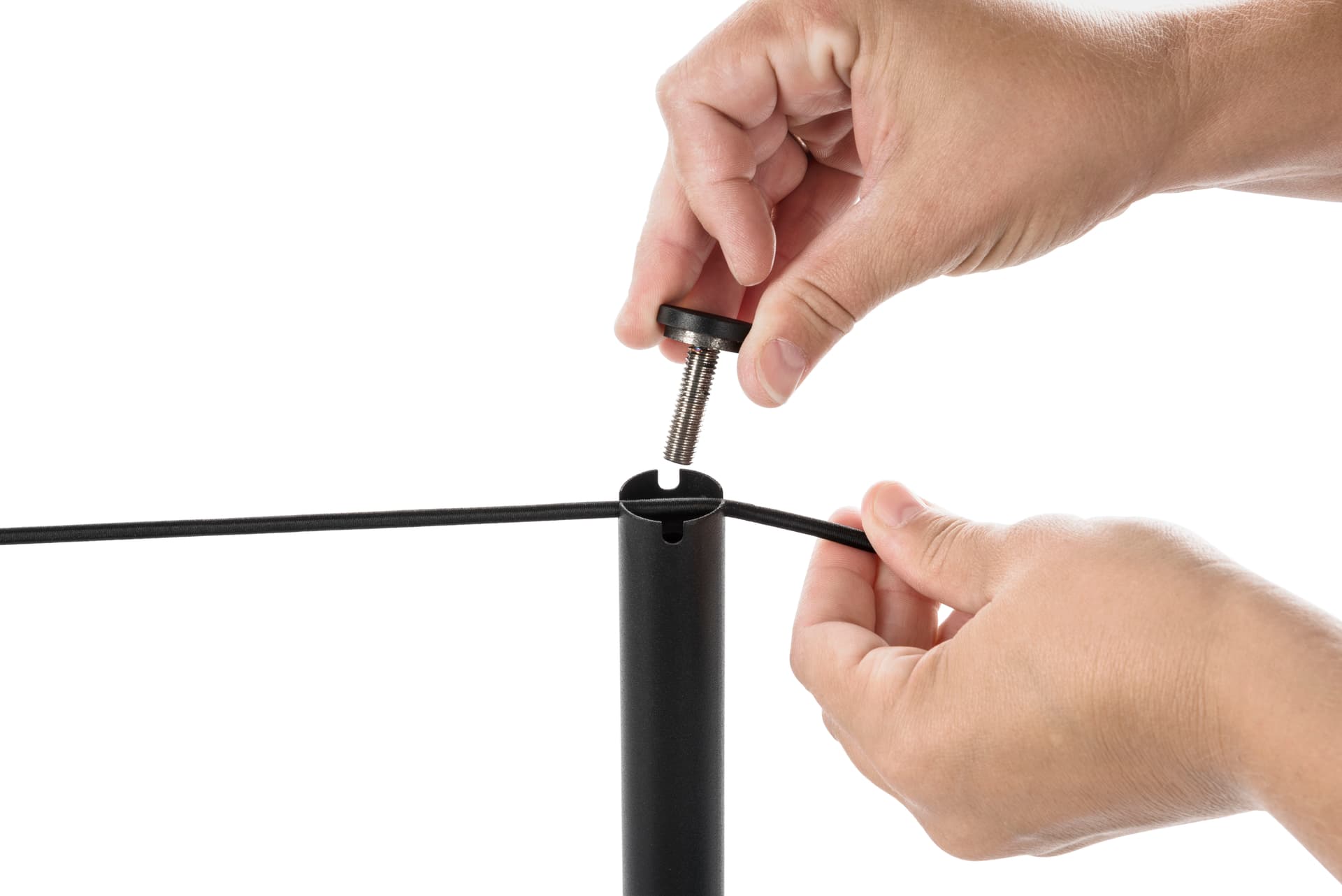 Post Unscrewed to Attach Cord of the 8-Barrier Black Gallery Stanchion System