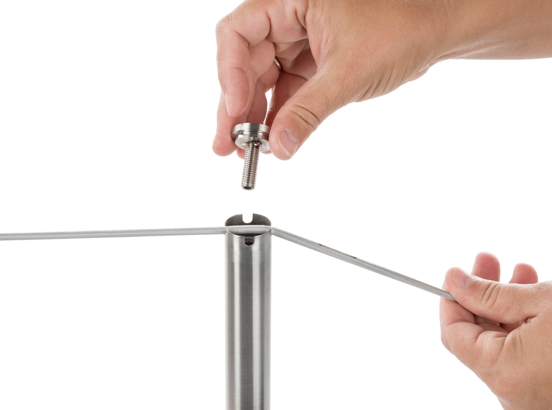 Close Up of Top Screwing Off on the 10-Stanchion Silver Museum Barrier Set