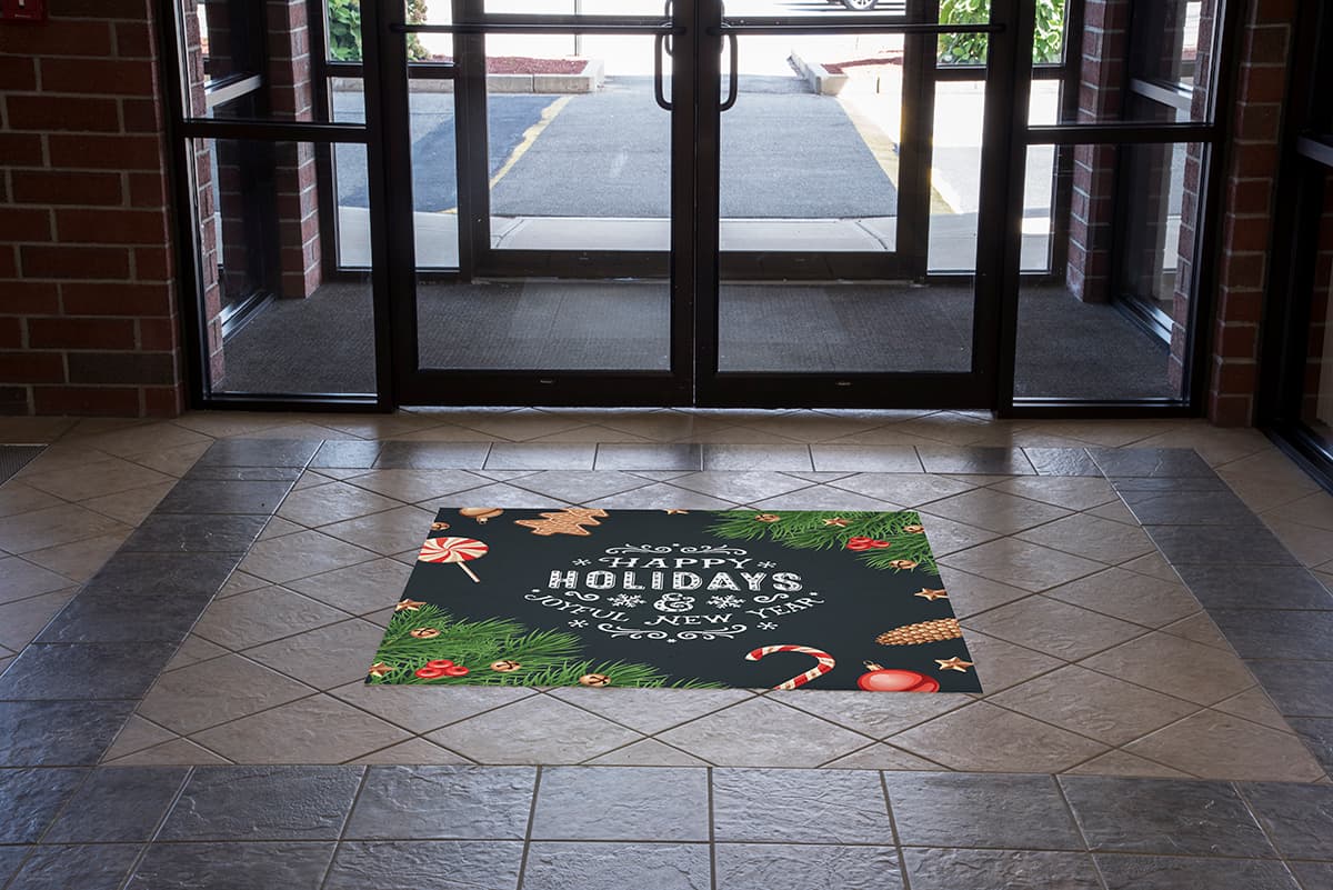 48” x 48” square “Happy Holidays” floor decal with stock graphics 