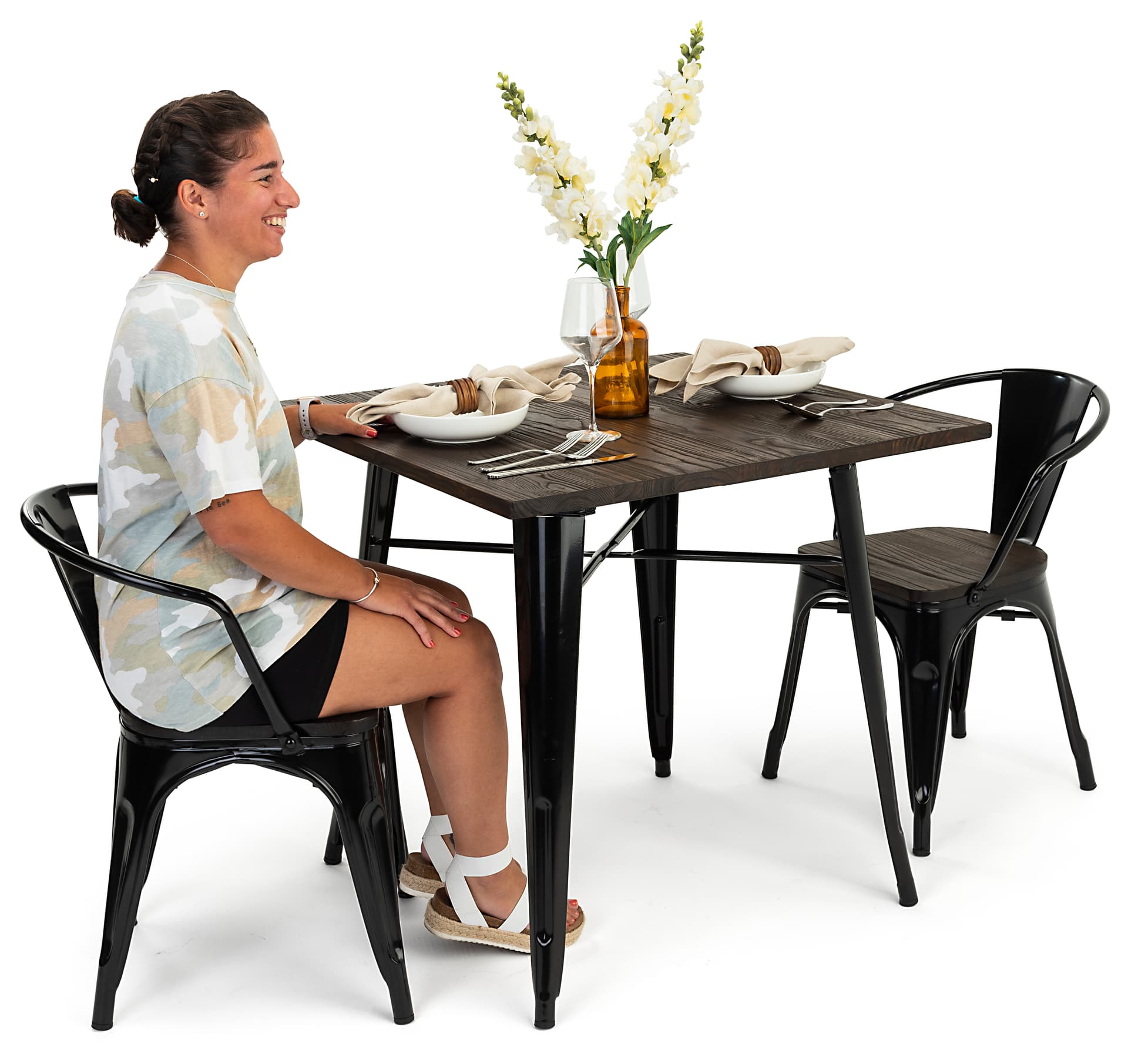 Indoor Café Table Set | 3-Piece Wood and Metal Furniture Set | Displays2Go