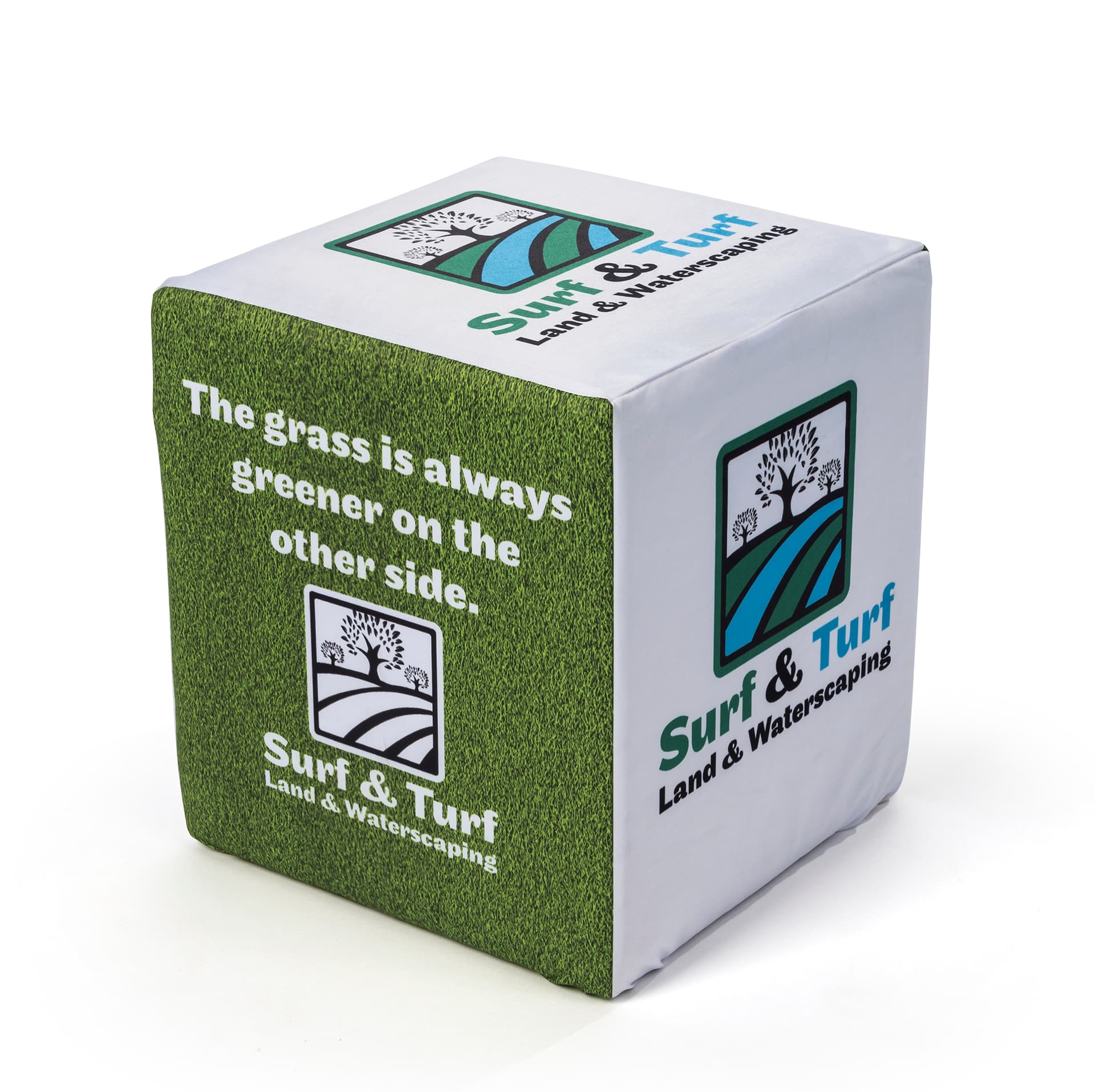Custom printed cube seating set includes stretch polyester slipcover