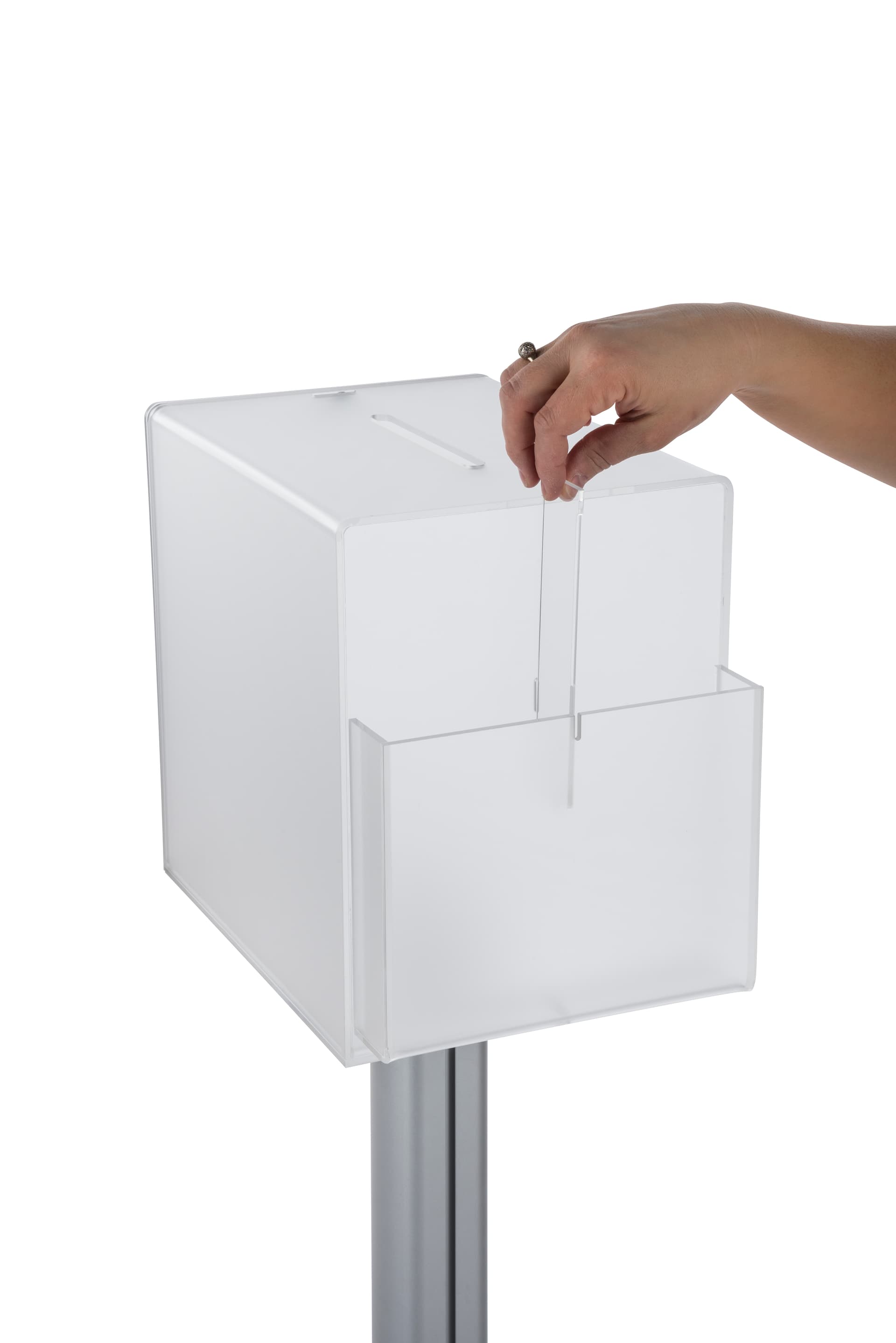Pedestal suggestion box stand with lock and pocket divider