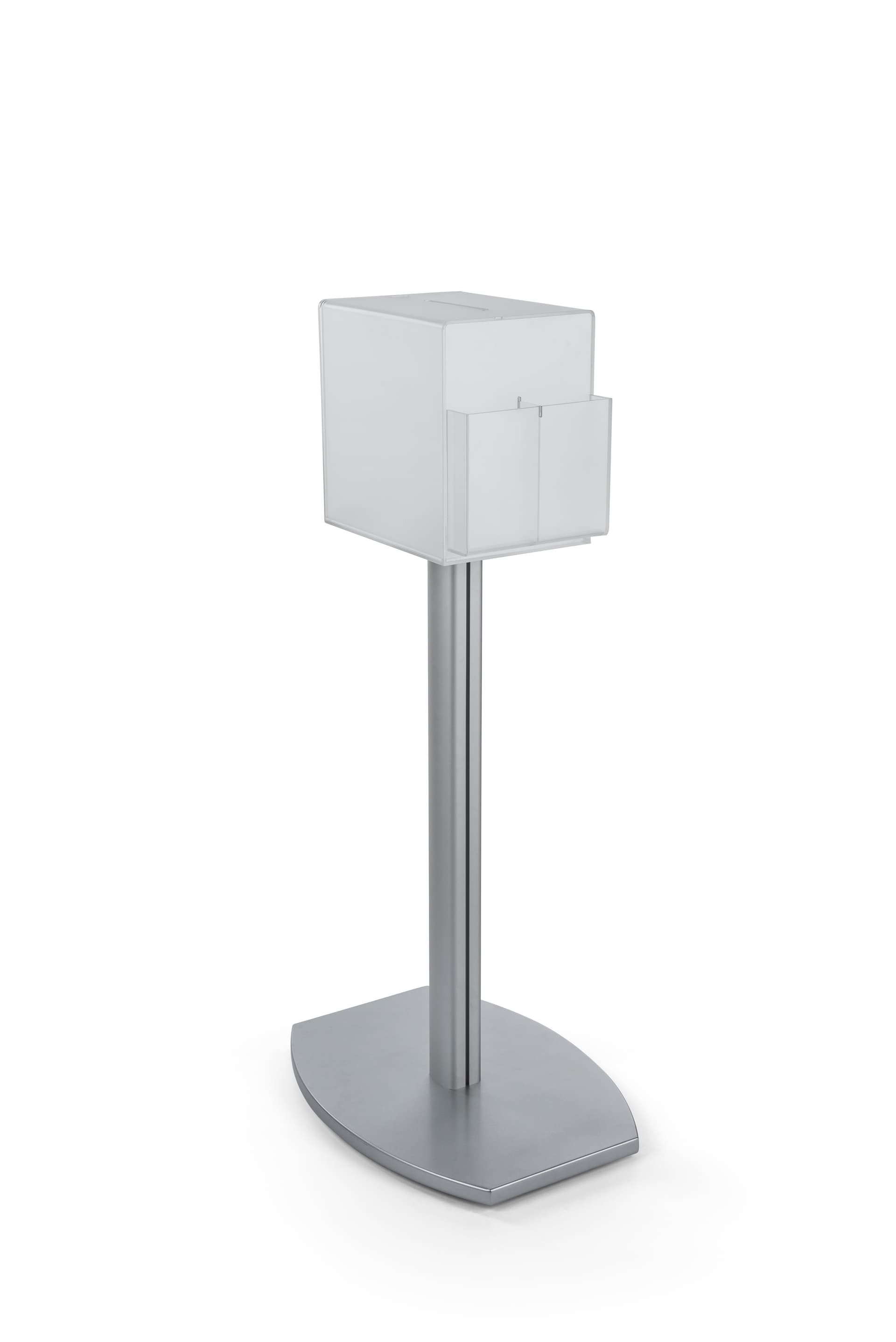 Pedestal suggestion box stand with lock and frosted container for privacy