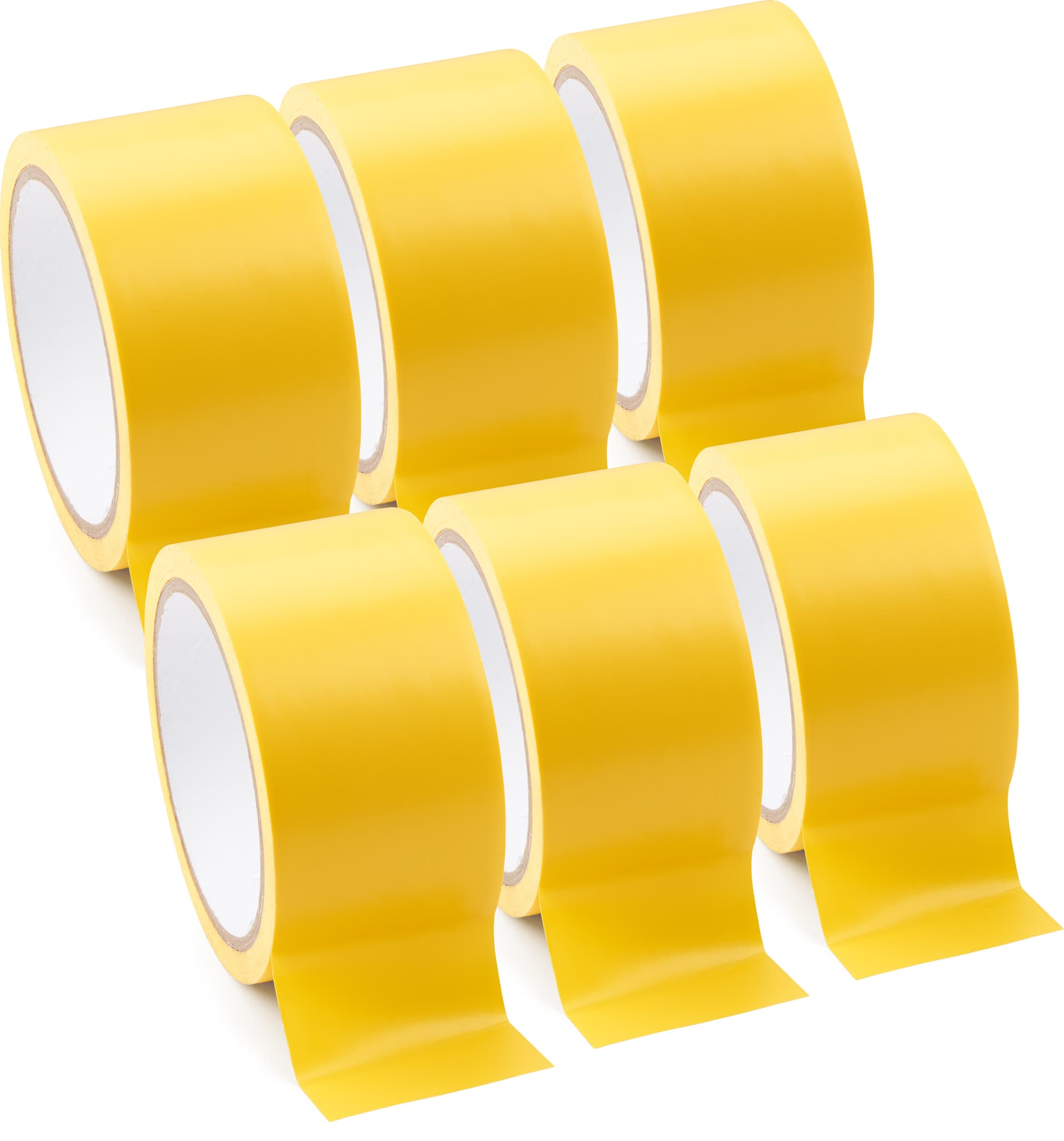Yellow vinyl floor tape sticks to floor tiles
