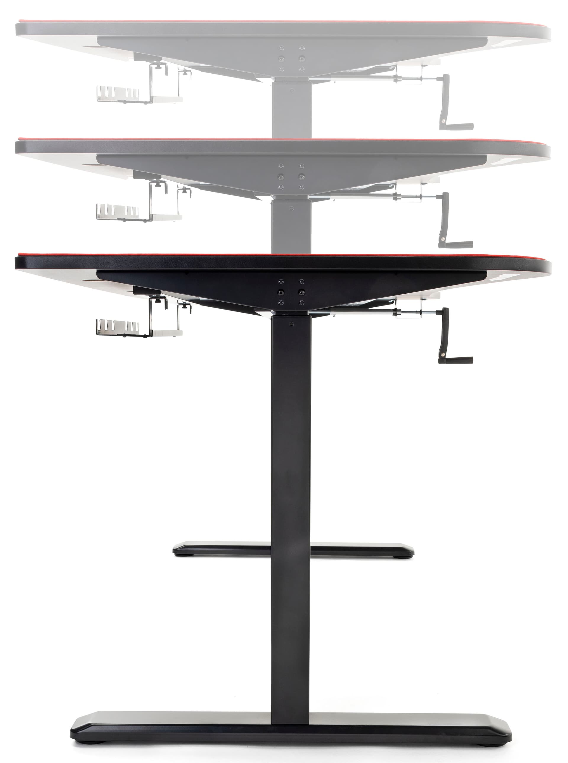Adjustable computer desktop with black melamine tabletop and powder coated frame