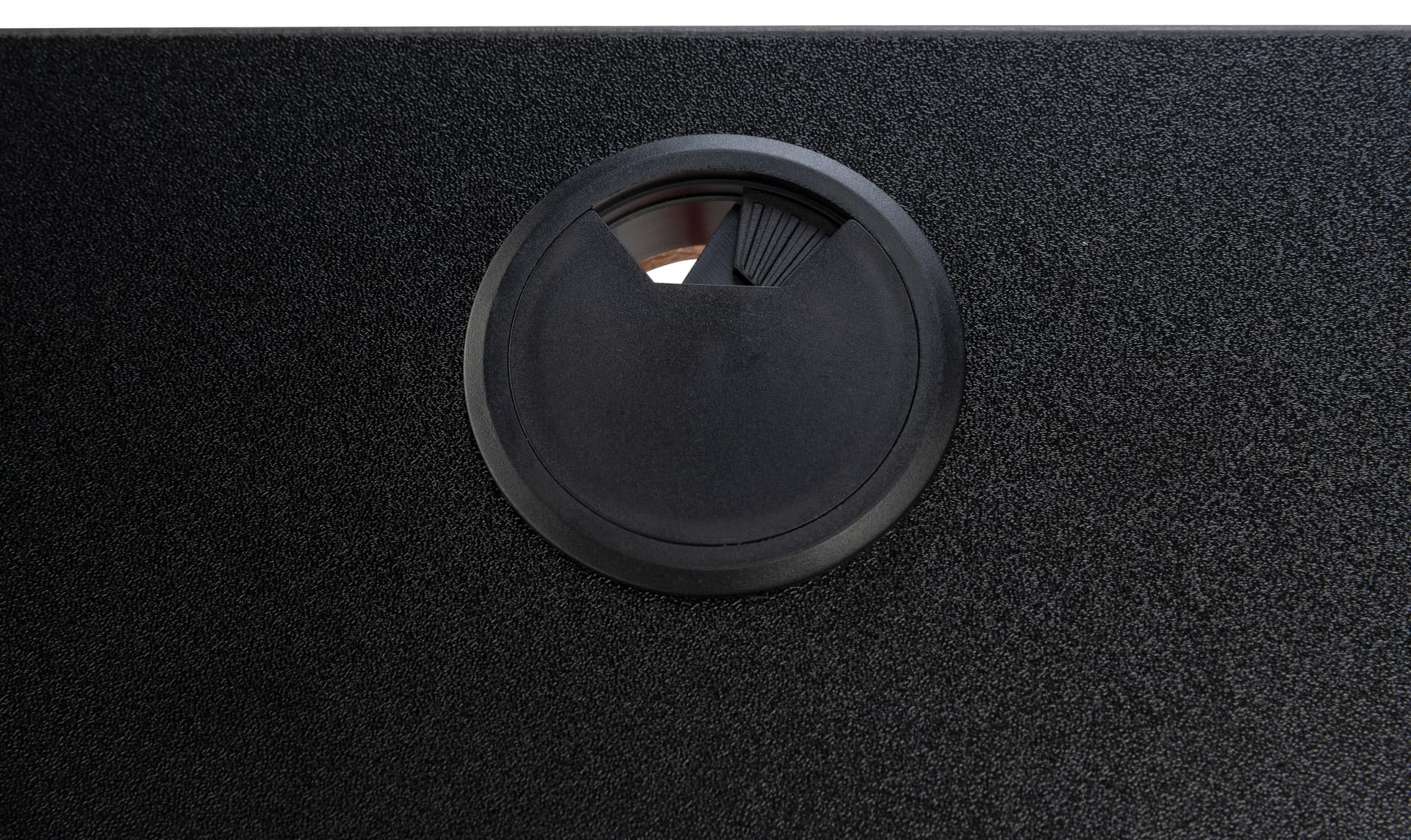Gaming desk computer table with plastic cable management grommet 