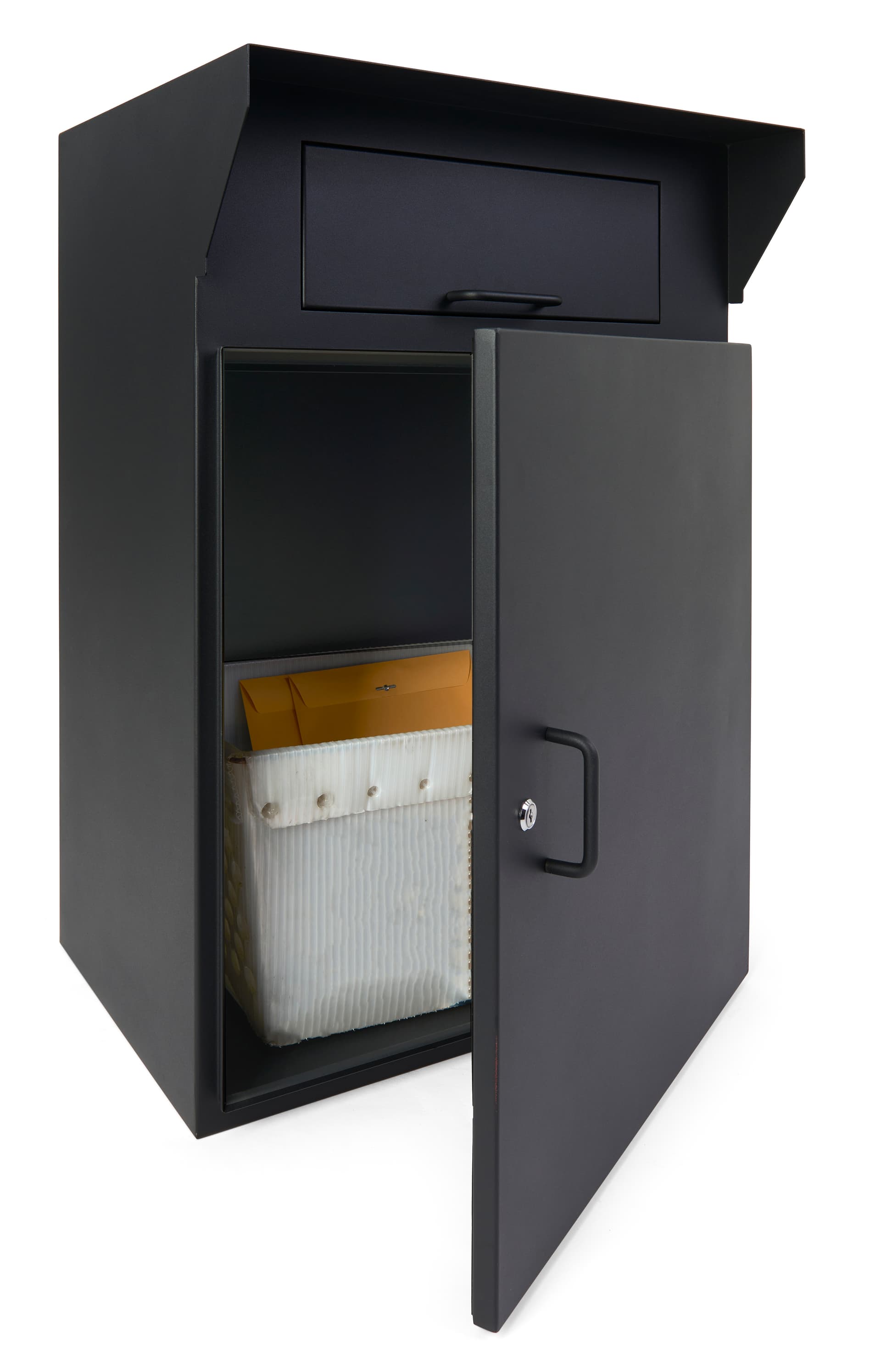 Outdoor package drop box with swing open door