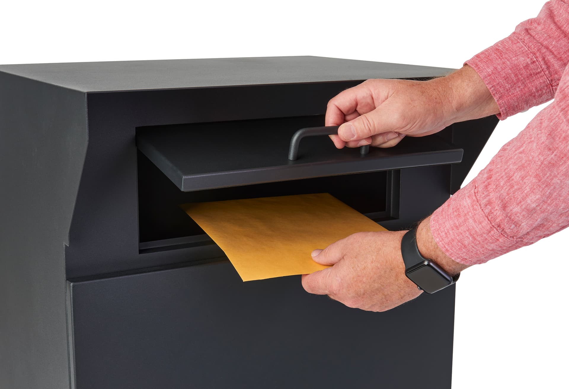 Outdoor package drop box with 20 inch wide by 8 inch tall slot