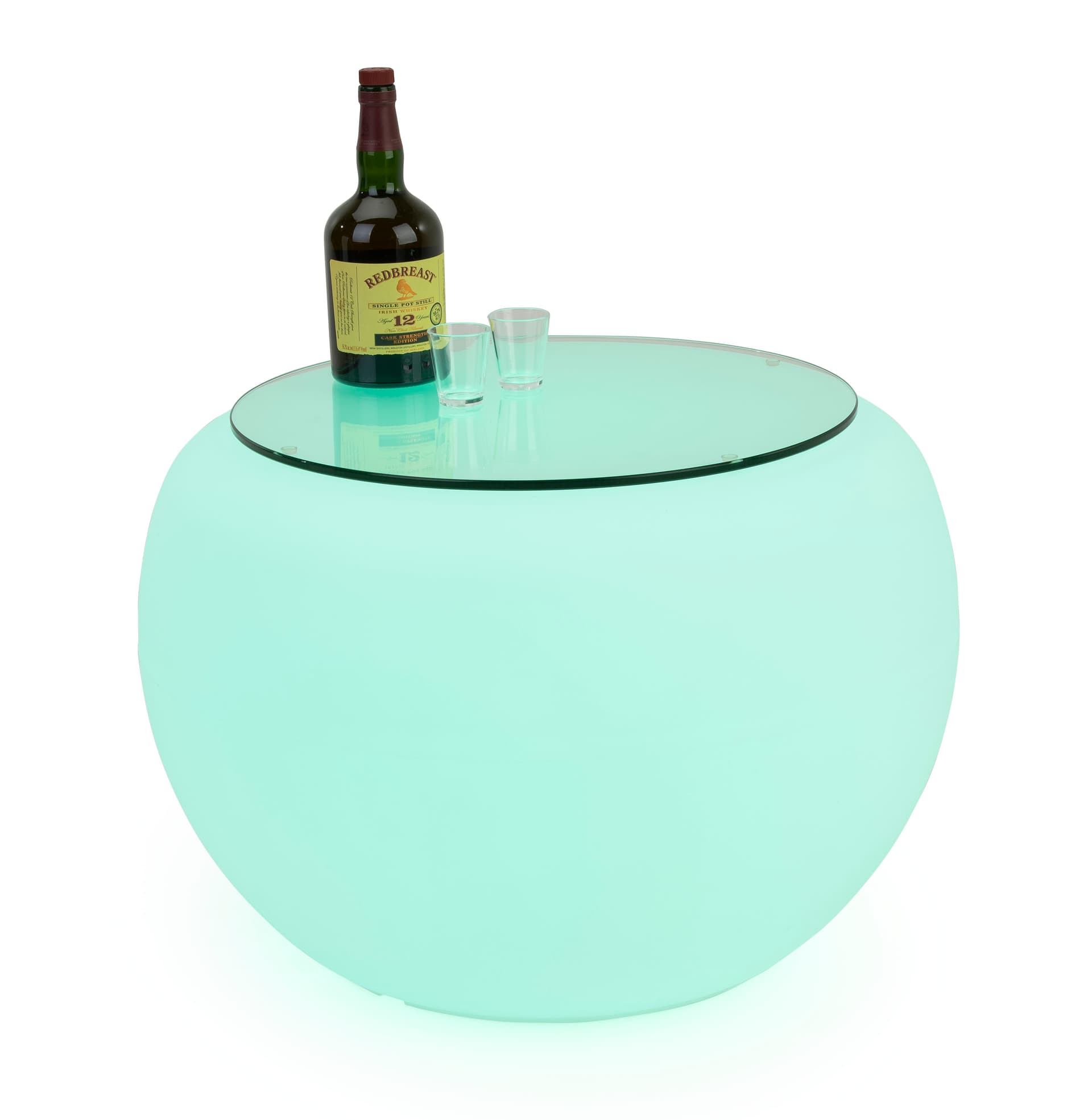 LED round coffee table with teal light and liquor bottle