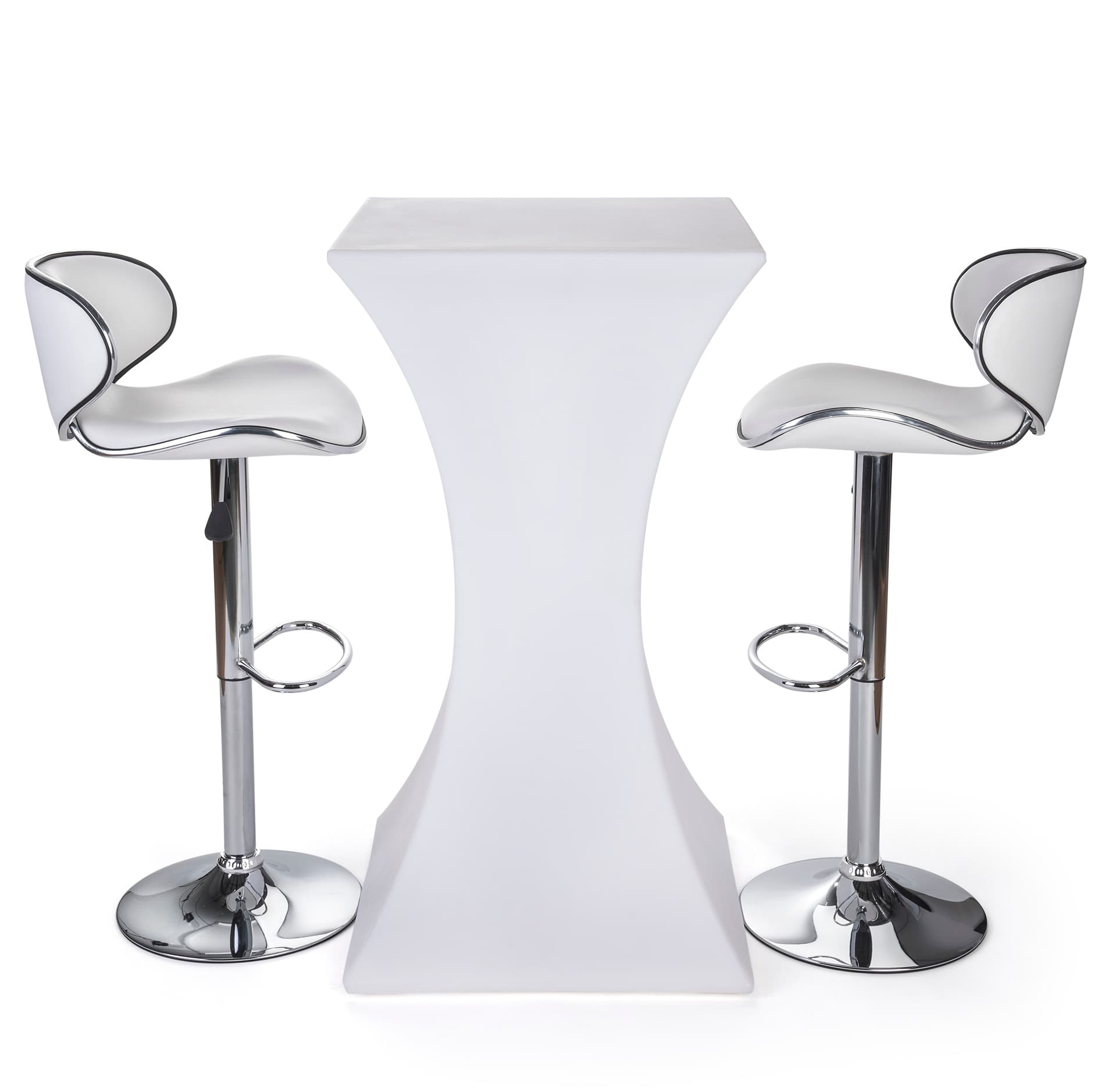LED glowing cocktail table set with 2 white leatherette stools