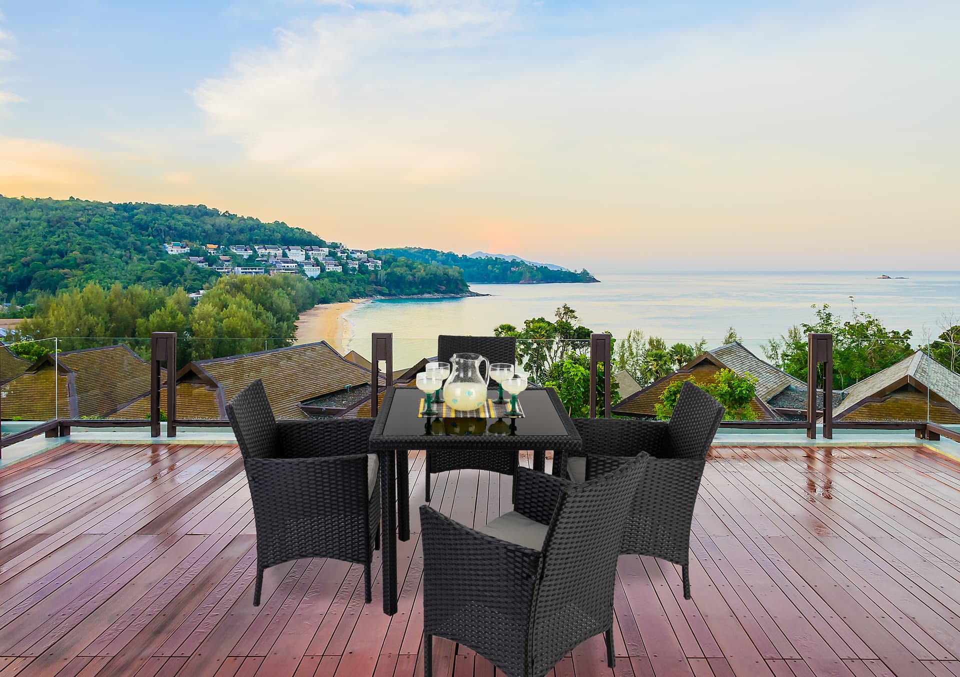 5 Piece rattan outdoor dining set includes tables, chairs, and cushions