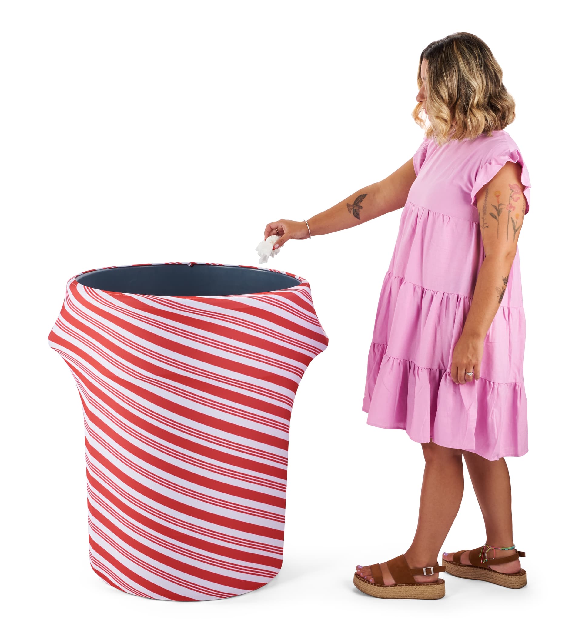 Candy cane stretch trash can cover will add a little holiday spirit to your office 