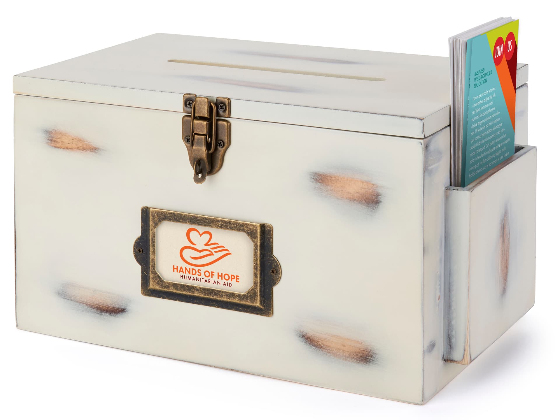 Wooden wedding card box with lockable metal latch 