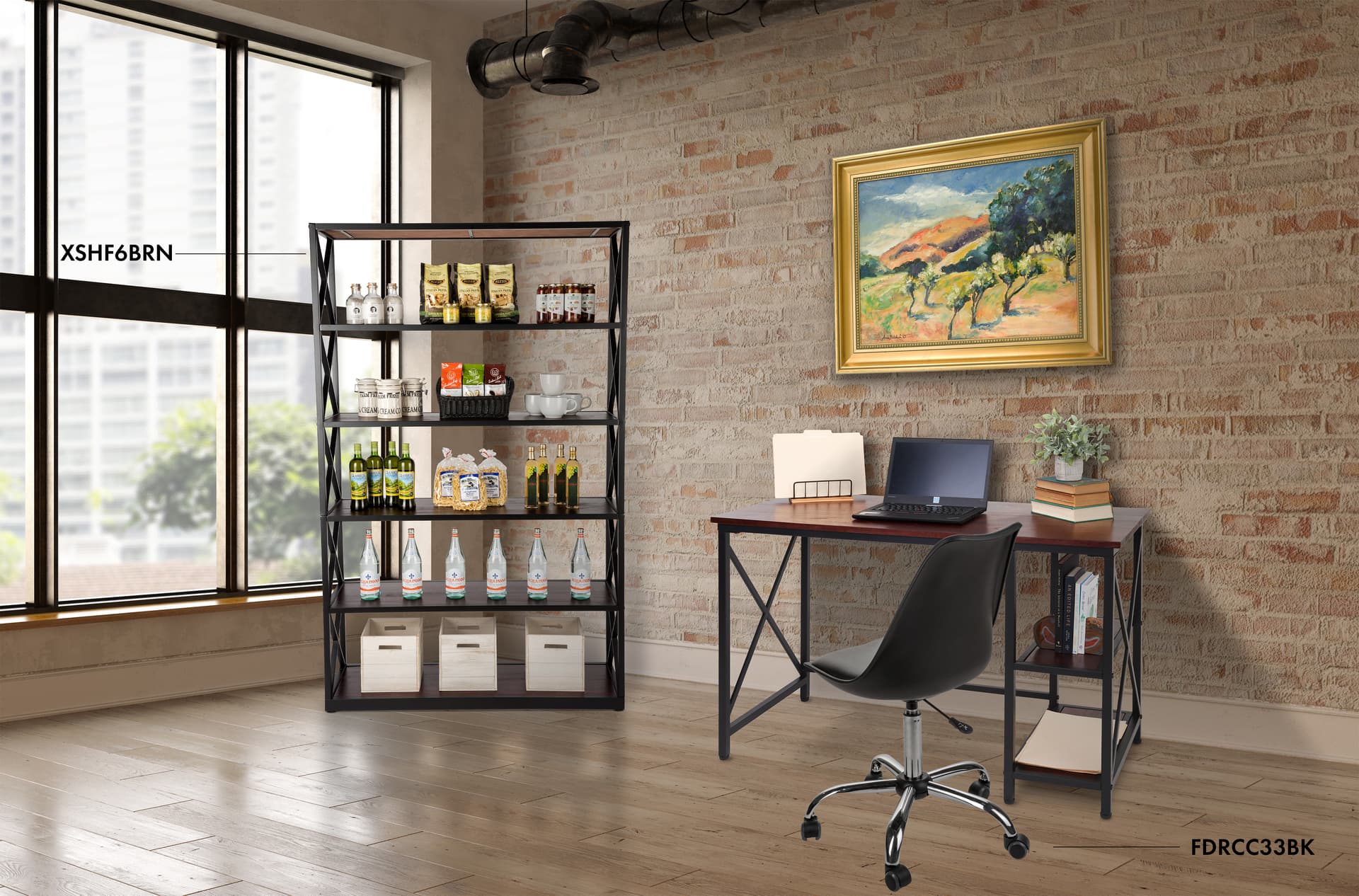 Industrial style computer desk with matching shelves