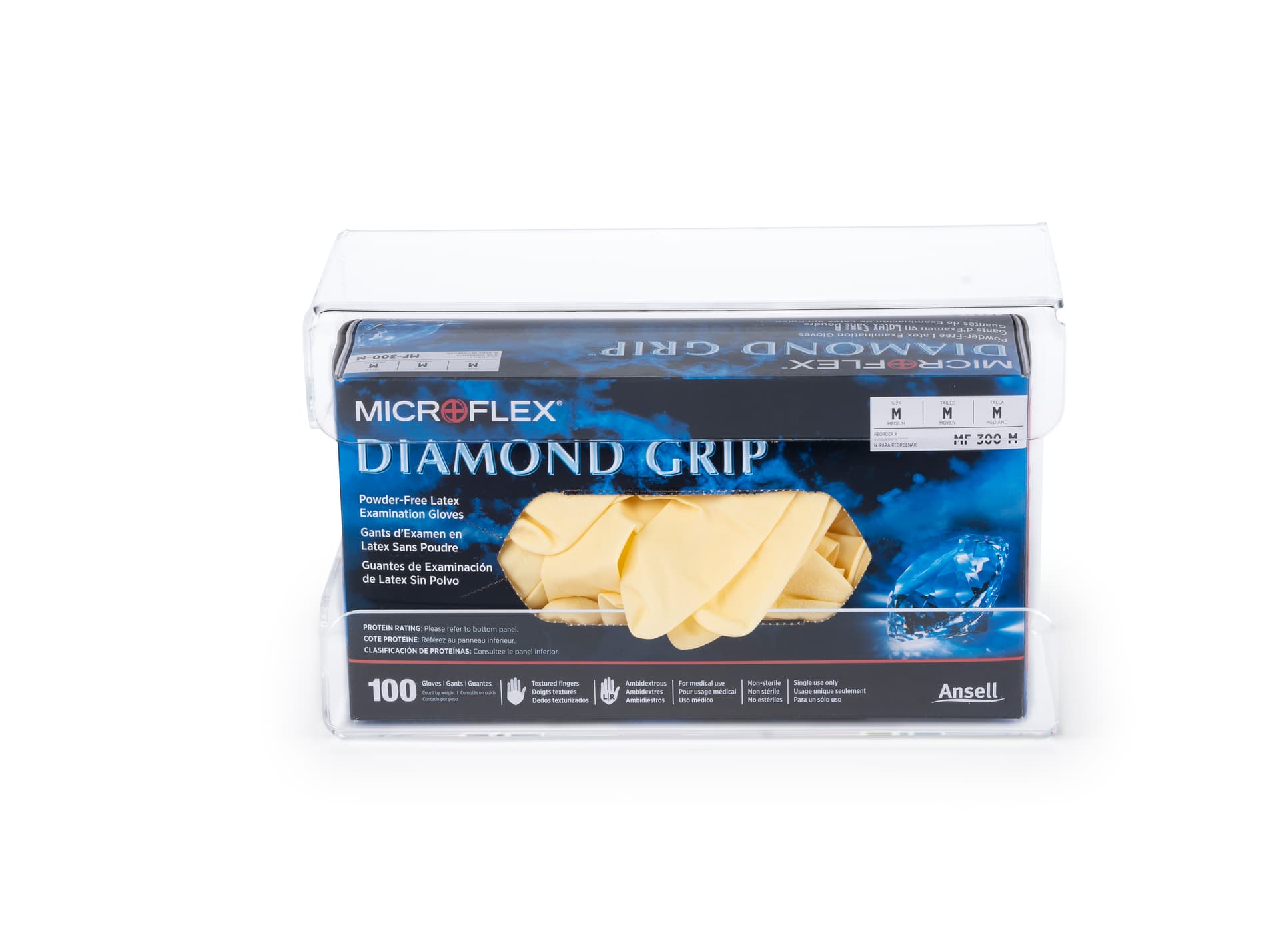 Acrylic glove box dispenser with side loading design