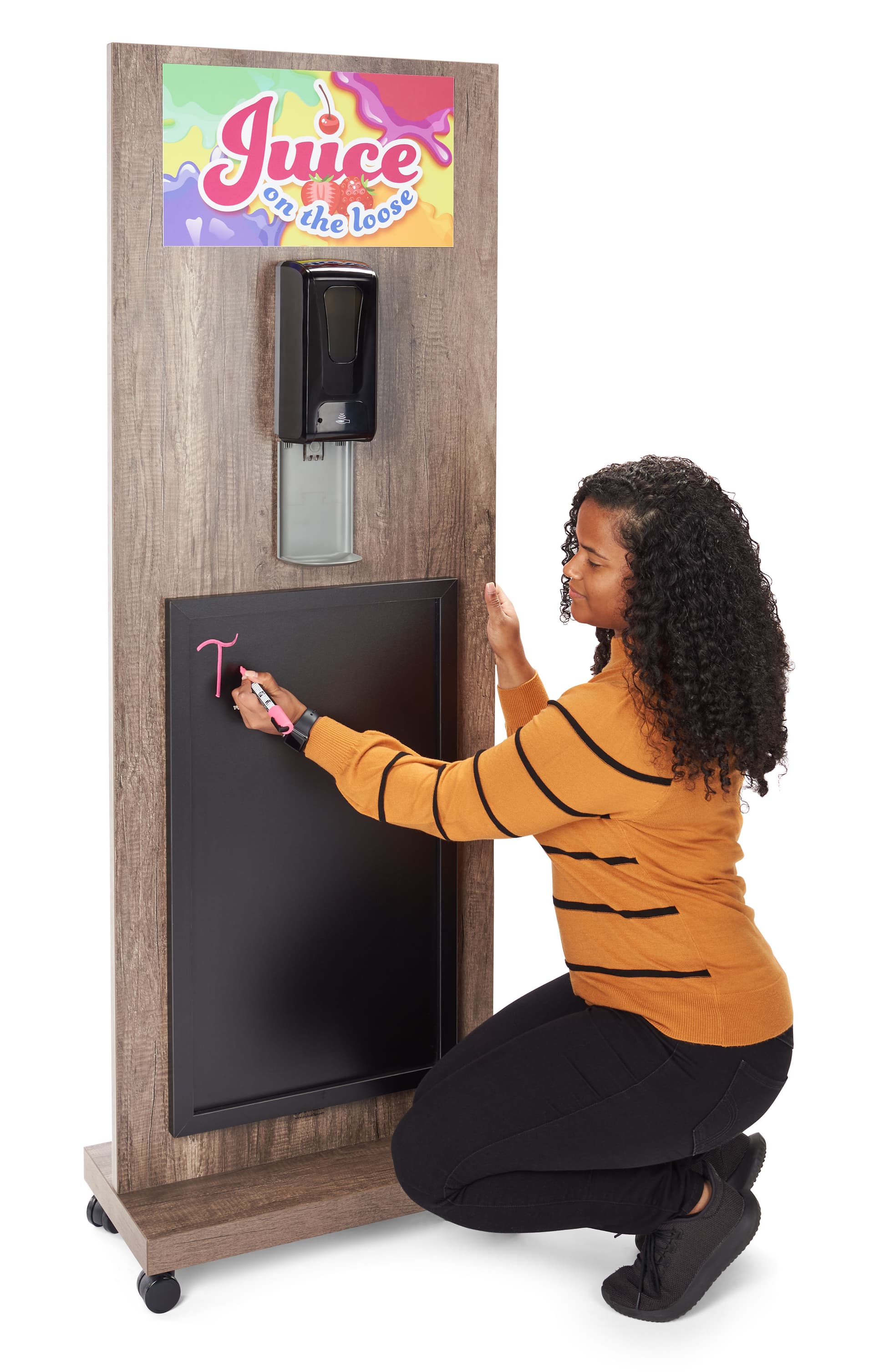 Chalkboard sanitizer station with a 17.6 inch by 30 inch blackboard