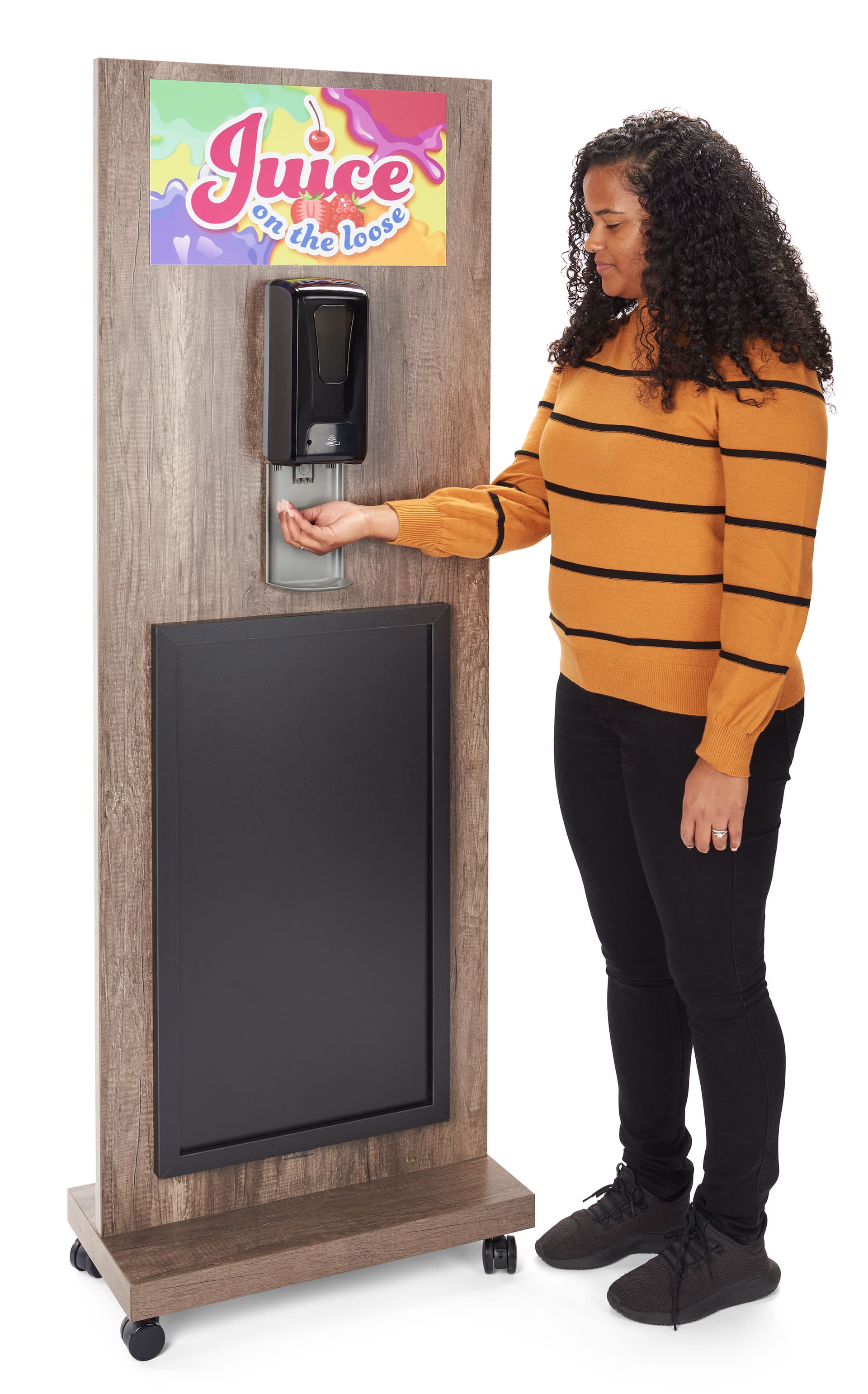 Chalkboard sanitizer station with touch free gel sanitizing dispenser 