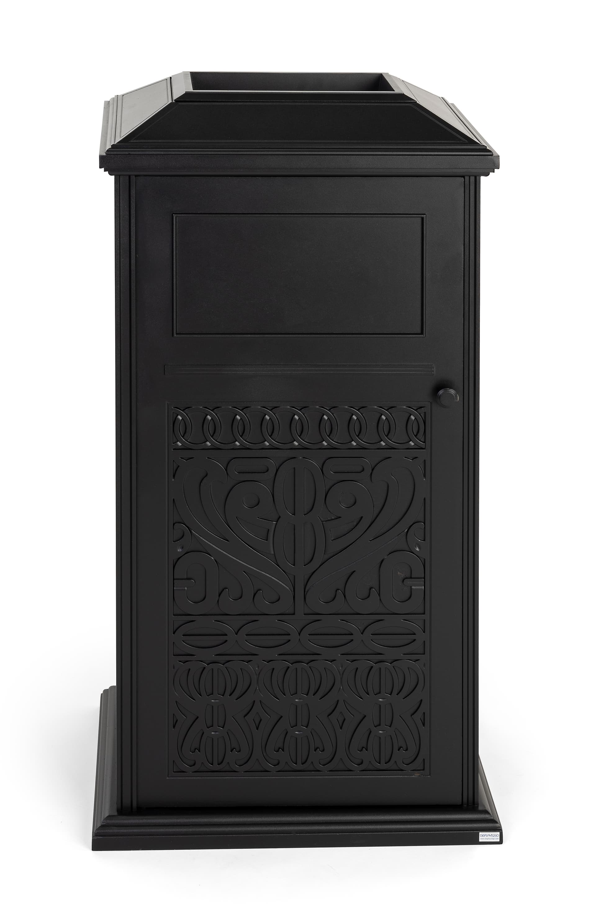 Decorative outdoor trash can has black powder coated finish