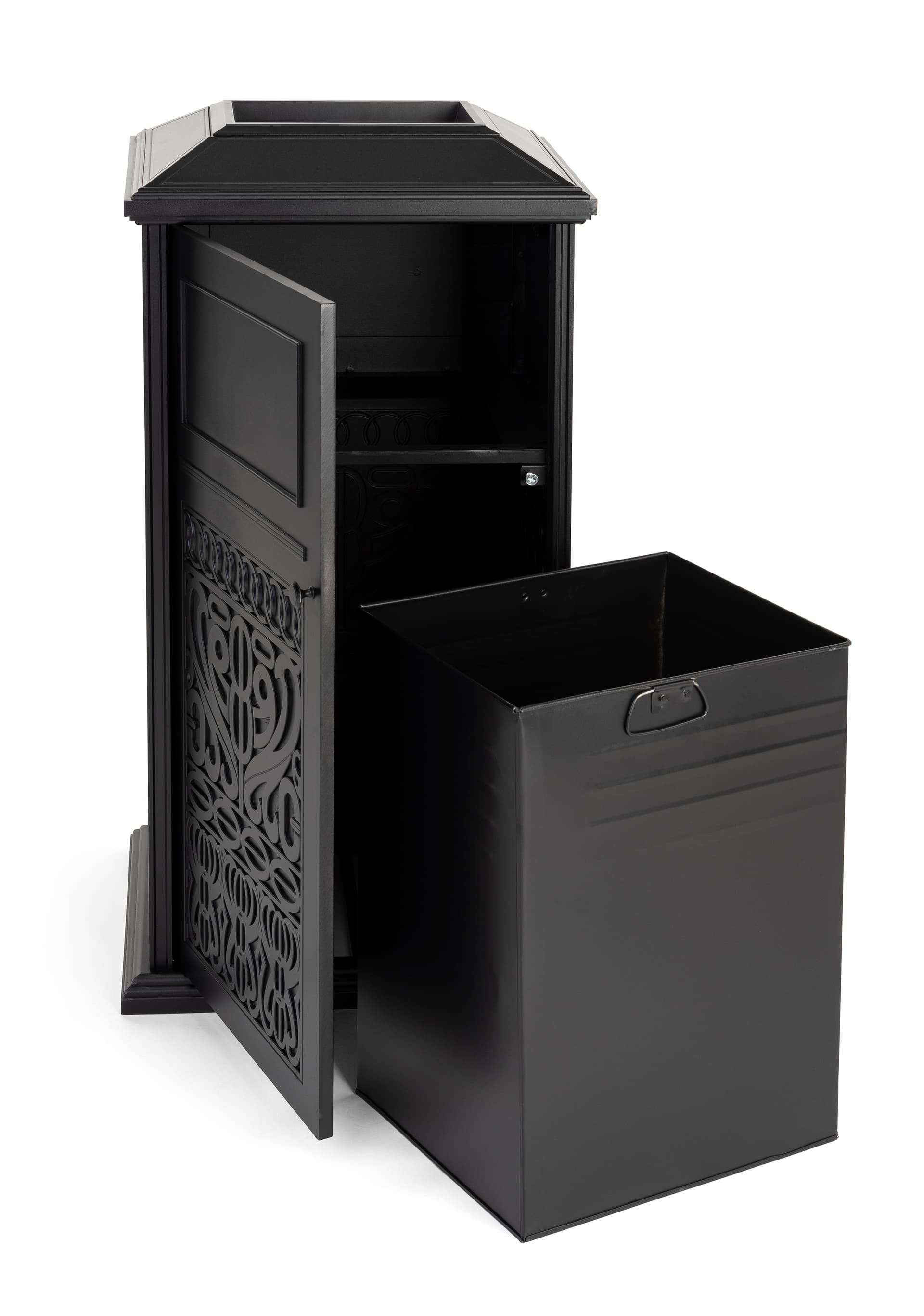 Decorative outdoor trash can with easy remove bin