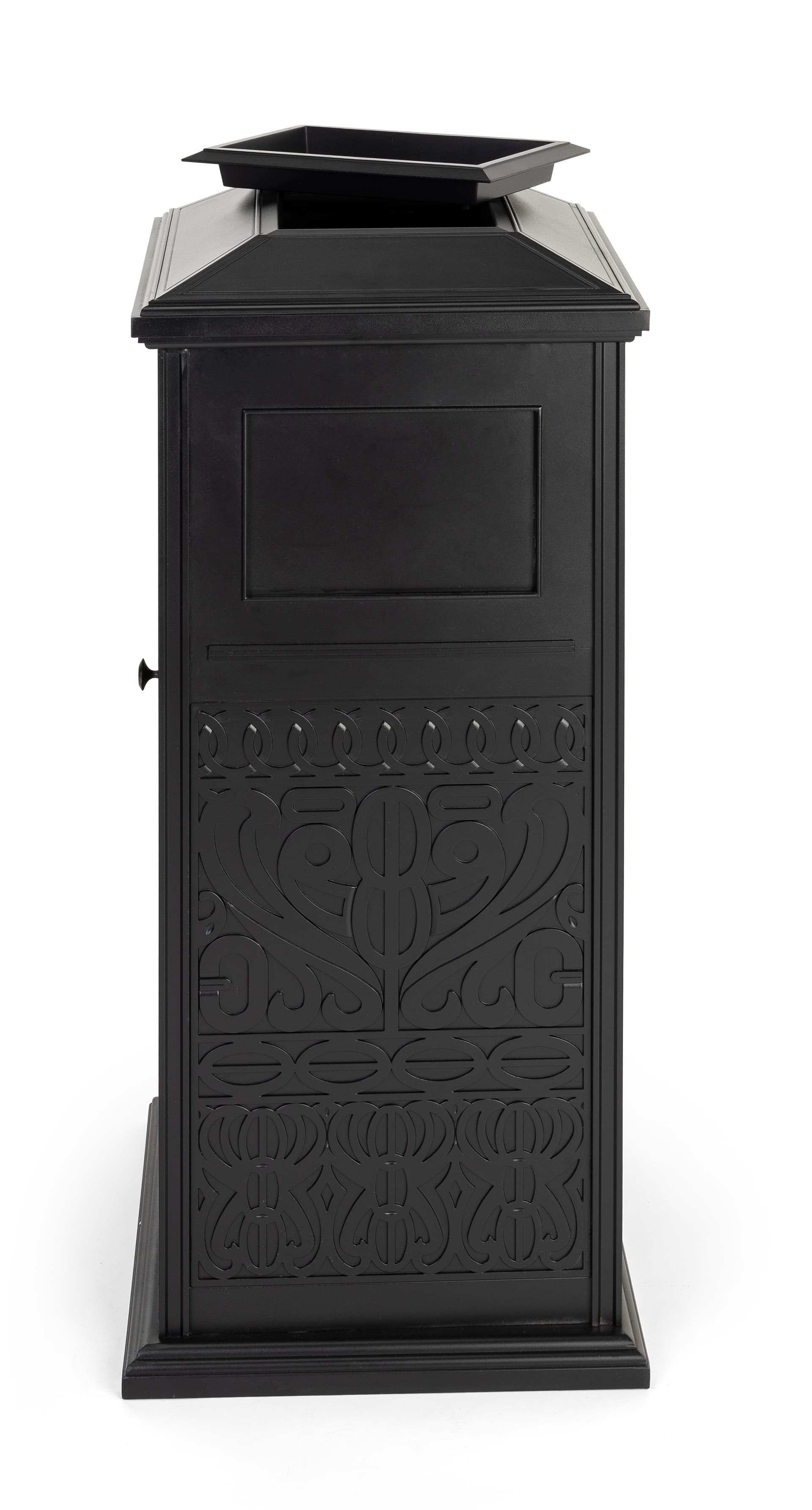 Decorative outdoor trash can has dual swing doors