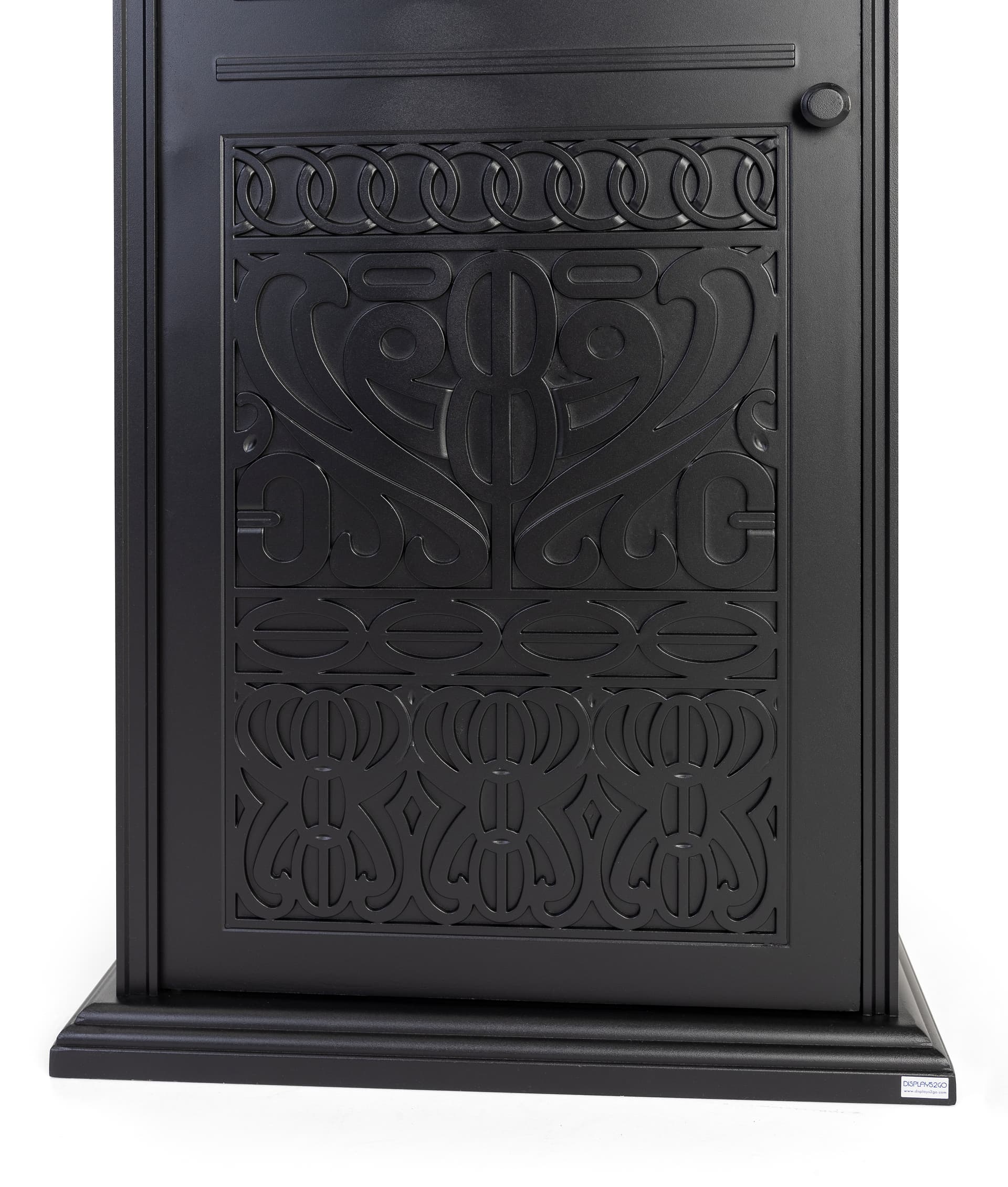 Decorative outdoor trash can with door knob and magnetic closure