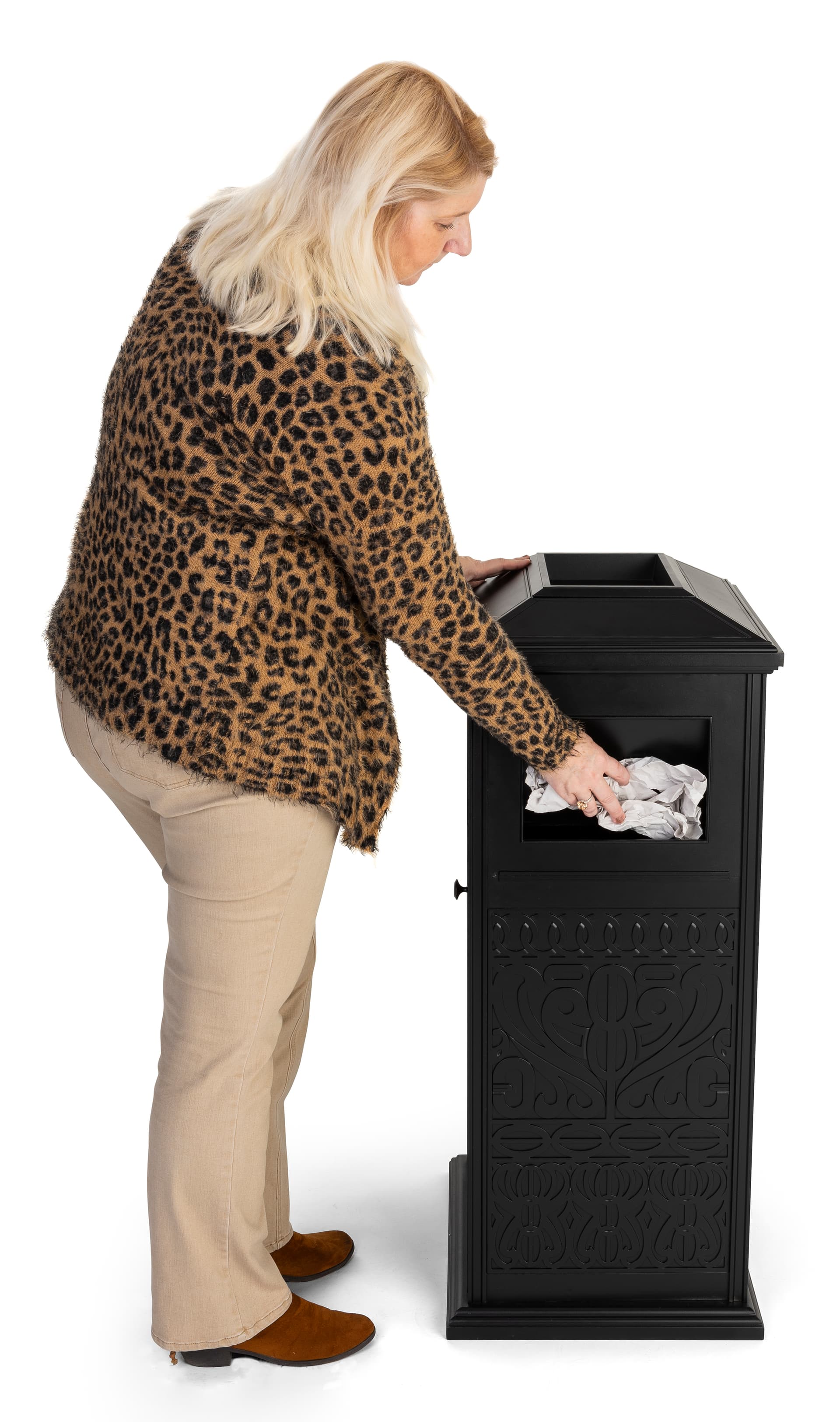 Decorative outdoor trash can with easy side trash deposit