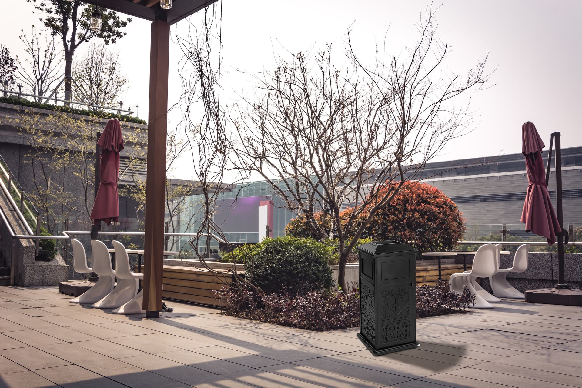 Decorative outdoor trash can looks beautiful in any setting