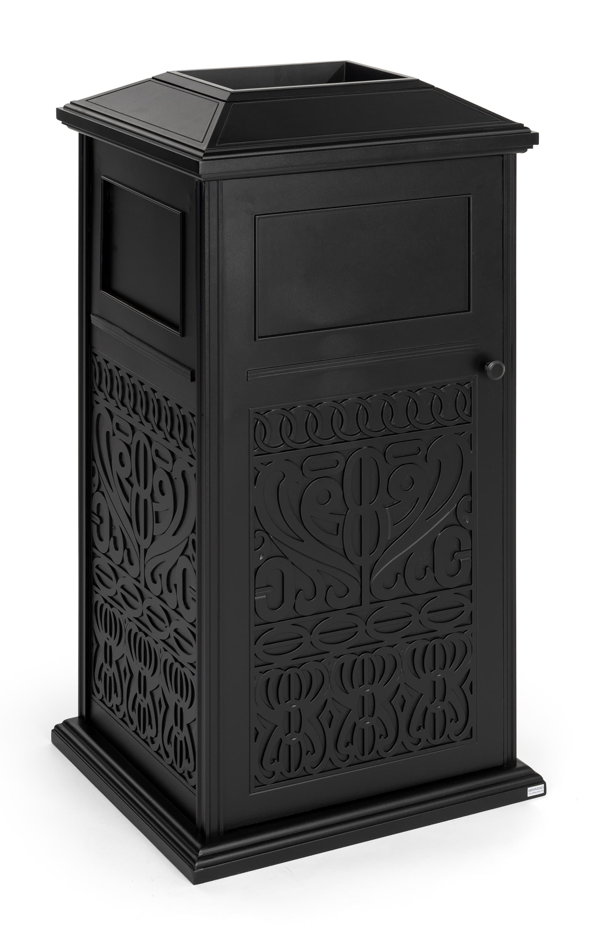 Decorative outdoor trash can has design on all four panels