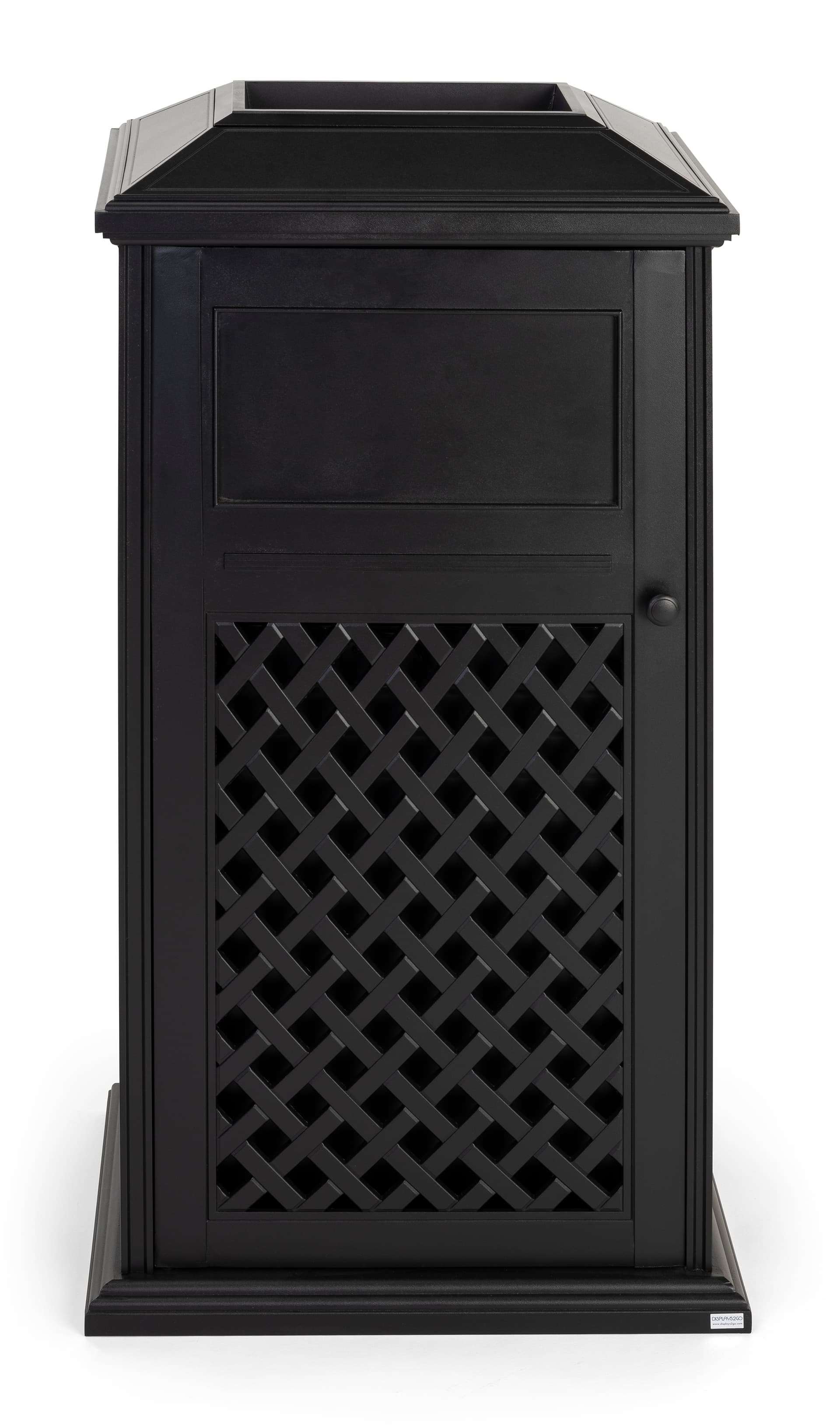 Aluminum outdoor dome trash receptacle has basket weave design on all four panels