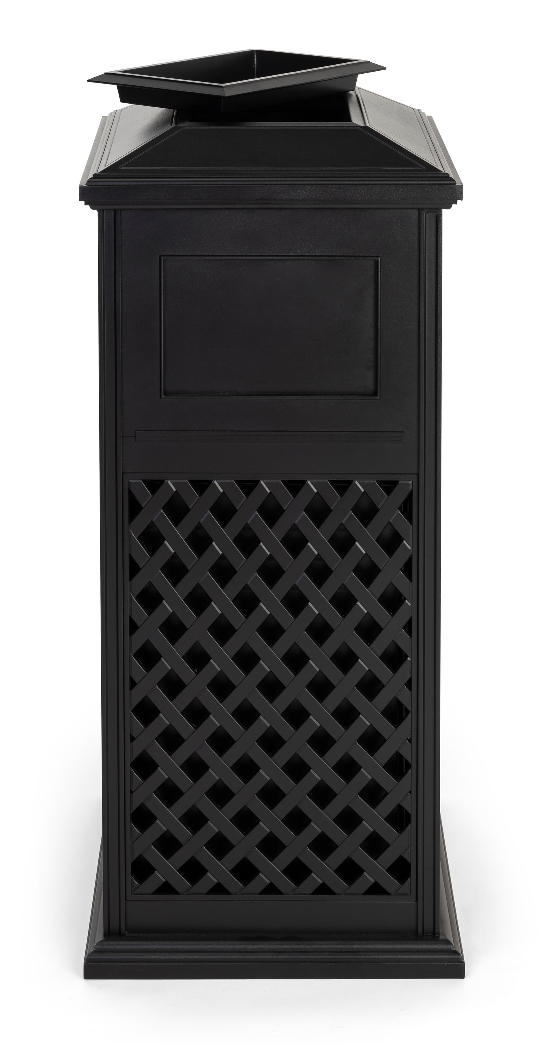 Aluminum outdoor dome trash receptacle has dual side swing doors and removable ashtray